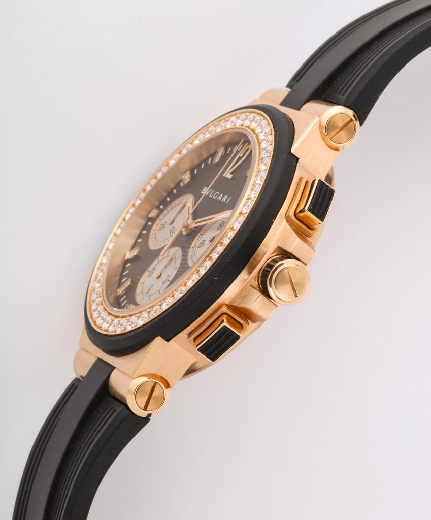 Bulgari Rose Gold Diamond Diagono Chronograph Watch In Good Condition In Bal Harbour, FL