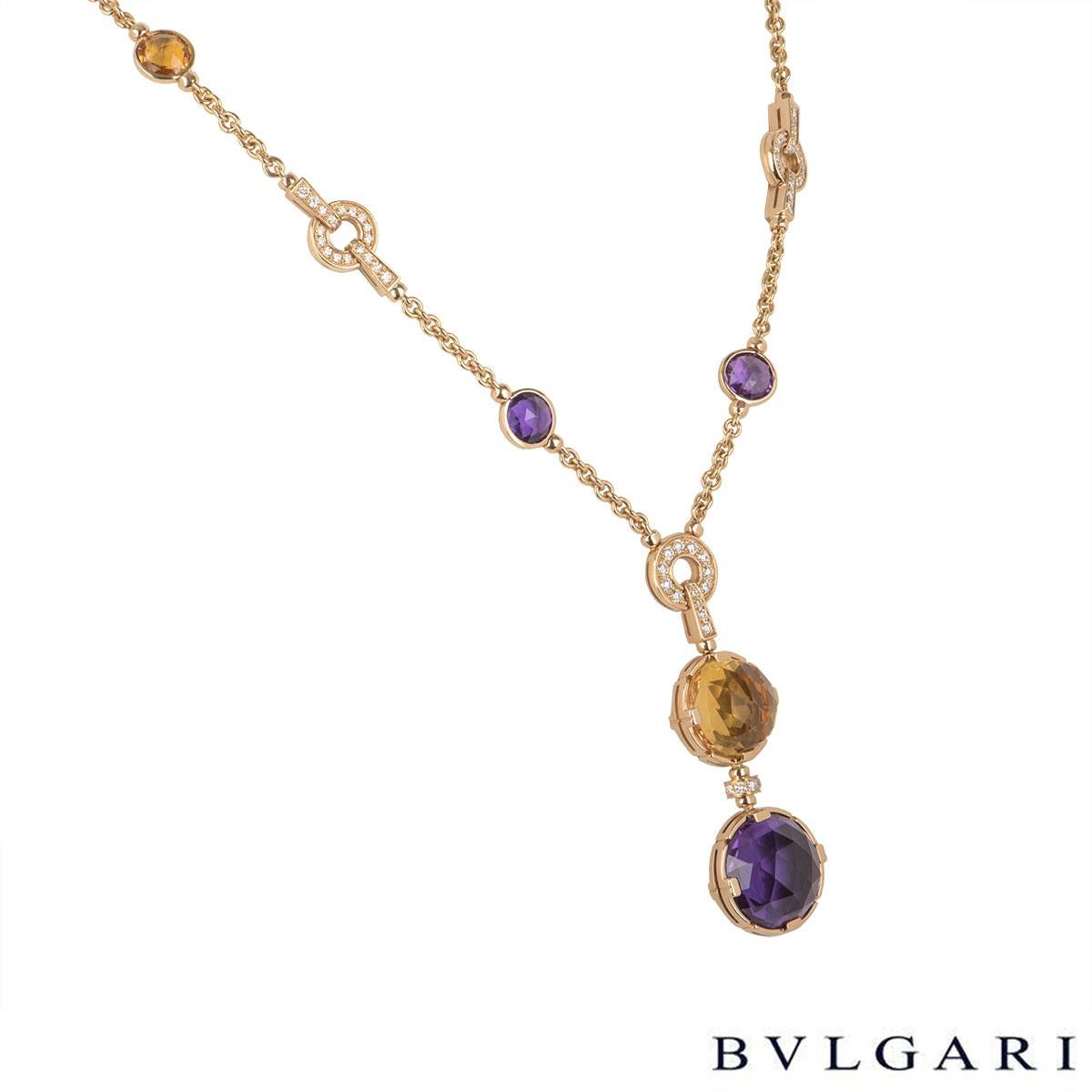 A stunning 18k rose gold diamond and multi-gem necklace by Bvlgari from the Parentesi collection. The necklace comprises of 5 round cut amethyst stones, 2 citrine stones and 5 diamond set Parentesi motifs. The necklace has approximately 120 diamonds
