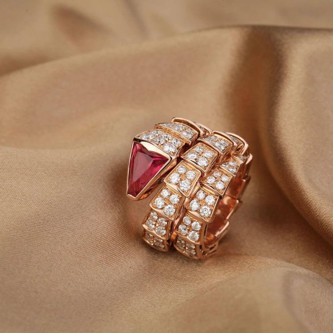 Brilliant Cut Bulgari Rose Gold Rubellite Diamond Serpenti Viper Ring