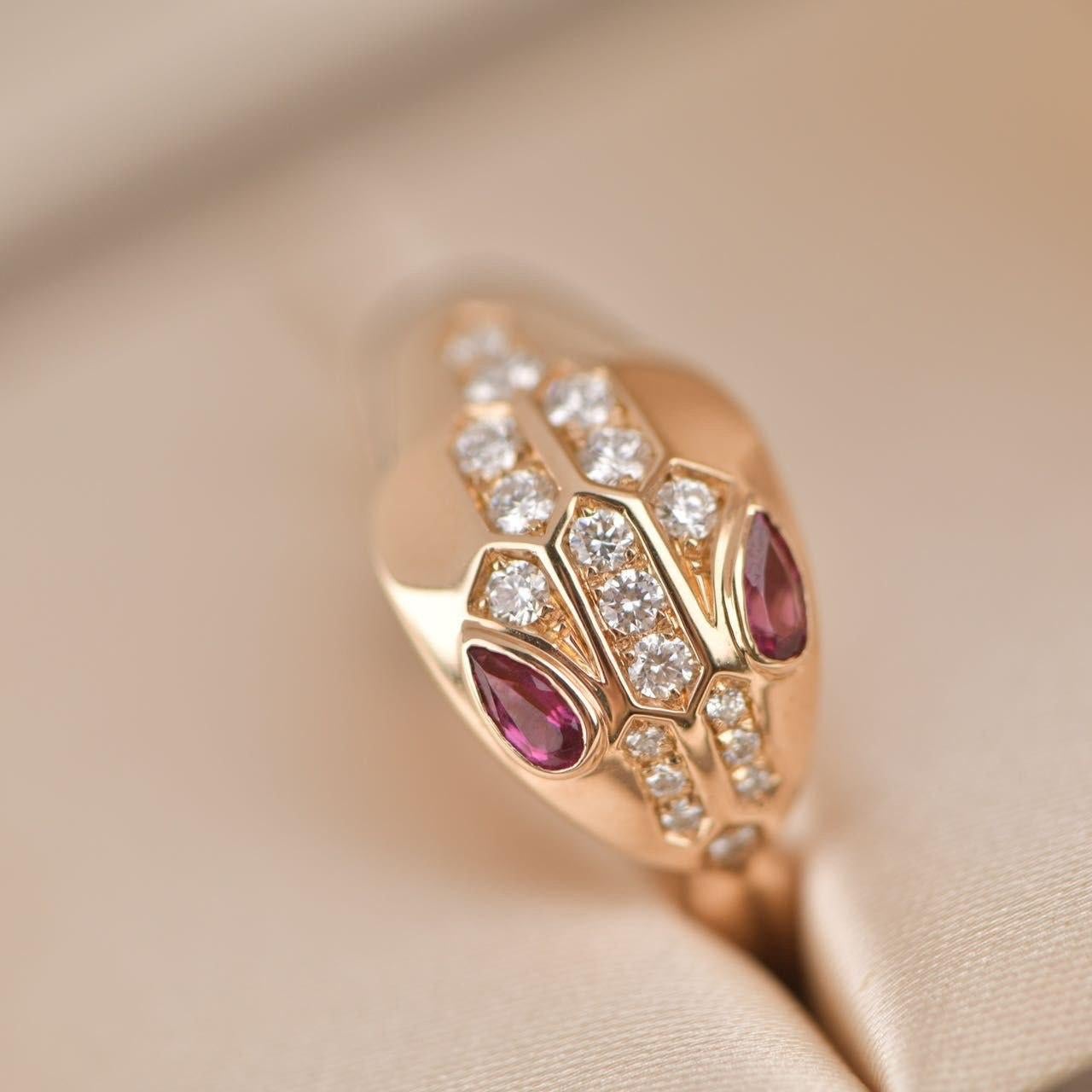 Bulgari Rose Gold Rubellite Pavé Diamond Serpenti Ring In Excellent Condition In Banbury, GB