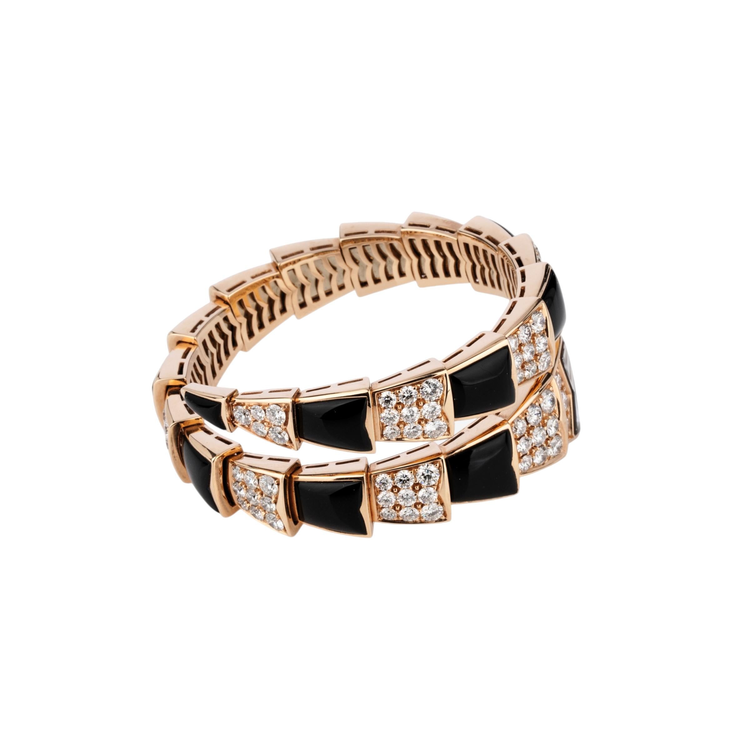 Brilliant Cut Bulgari Rose Gold Serpenti Jewellery Scaglie 26mm Ladies Watch Diamond & Onyx For Sale