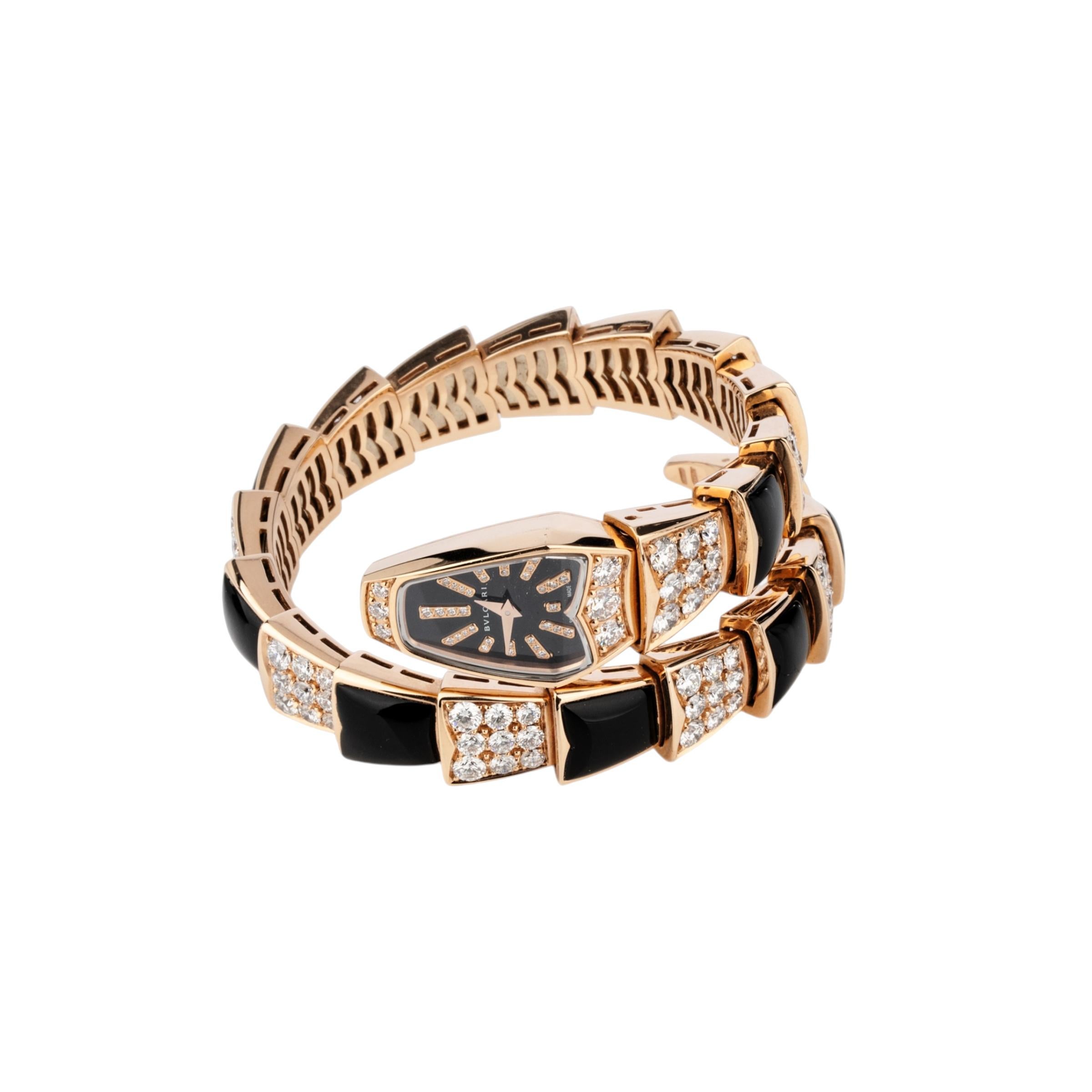 Bulgari Rose Gold Serpenti Jewellery Scaglie 26mm Ladies Watch Diamond & Onyx In Excellent Condition For Sale In Sydney, New South Wales