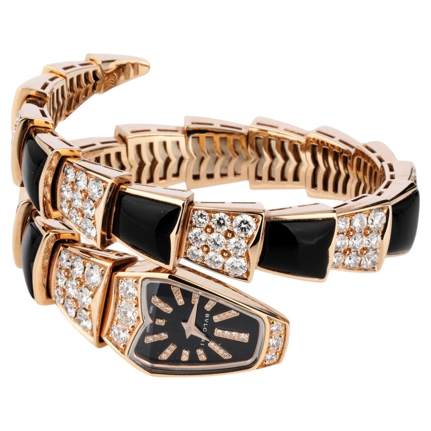 Bulgari Rose Gold Serpenti Jewellery Scaglie 26mm Ladies Watch Diamond & Onyx