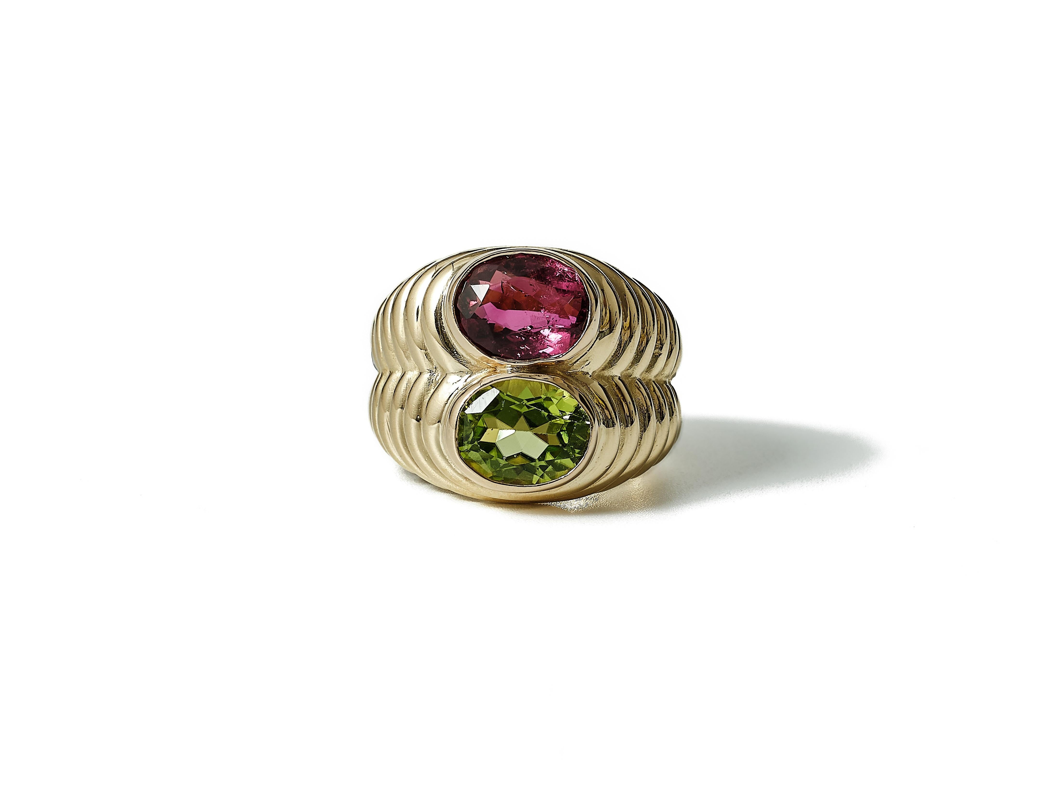 Modern Bulgari Rubellite and Peridot Doppio Ring Circa 1980