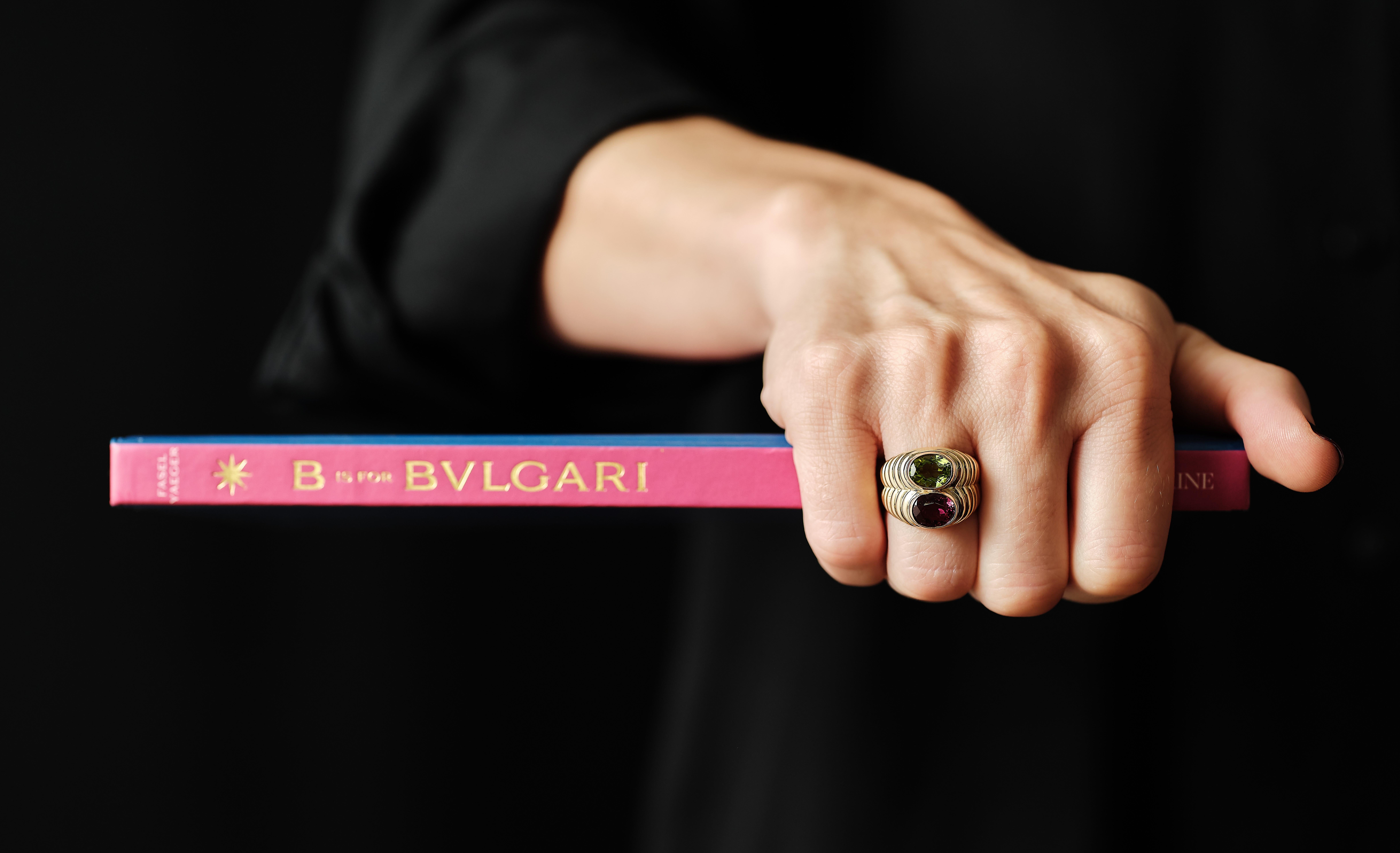 Oval Cut Bulgari Rubellite and Peridot Doppio Ring Circa 1980
