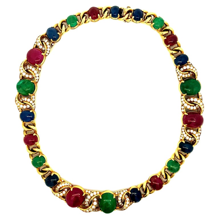 Bulgari Rubies Sapphires and Emeralds Vintage Necklace  For Sale