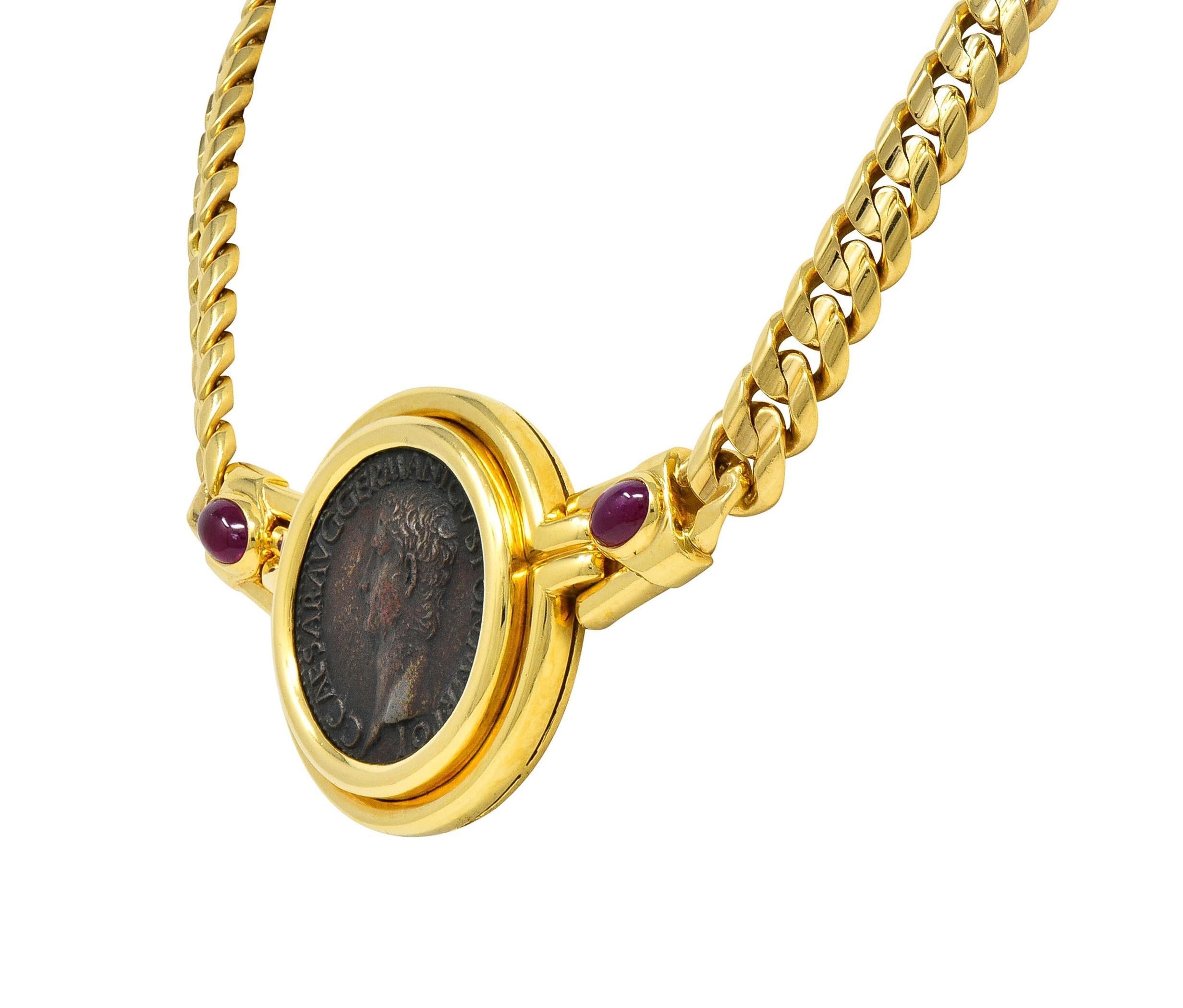 Classical Roman Bulgari Ruby Ancient Coin 18 Karat Gold Monete Roman Caligula Collar Necklace For Sale