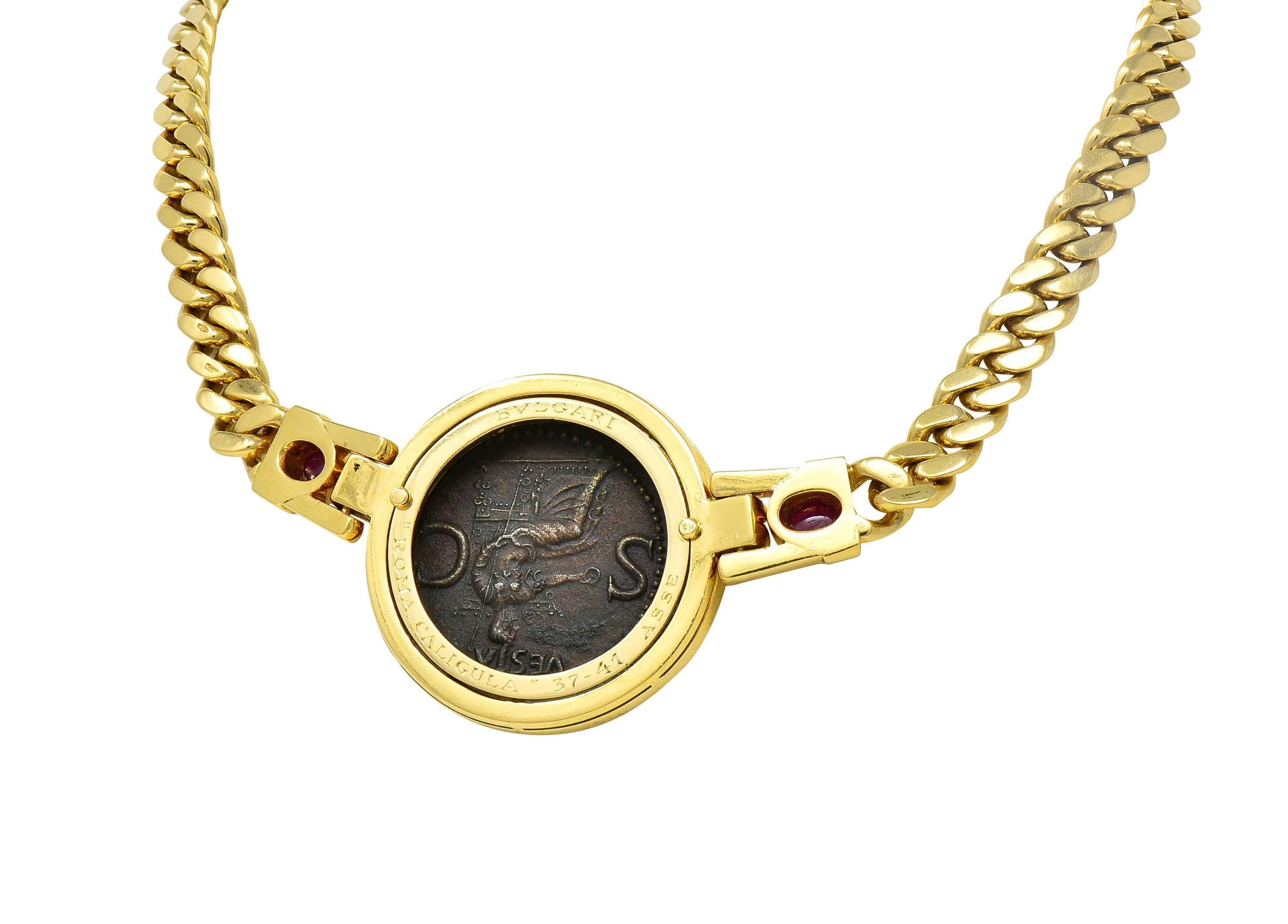 Cabochon Bulgari Ruby Ancient Coin 18 Karat Gold Monete Roman Caligula Collar Necklace For Sale
