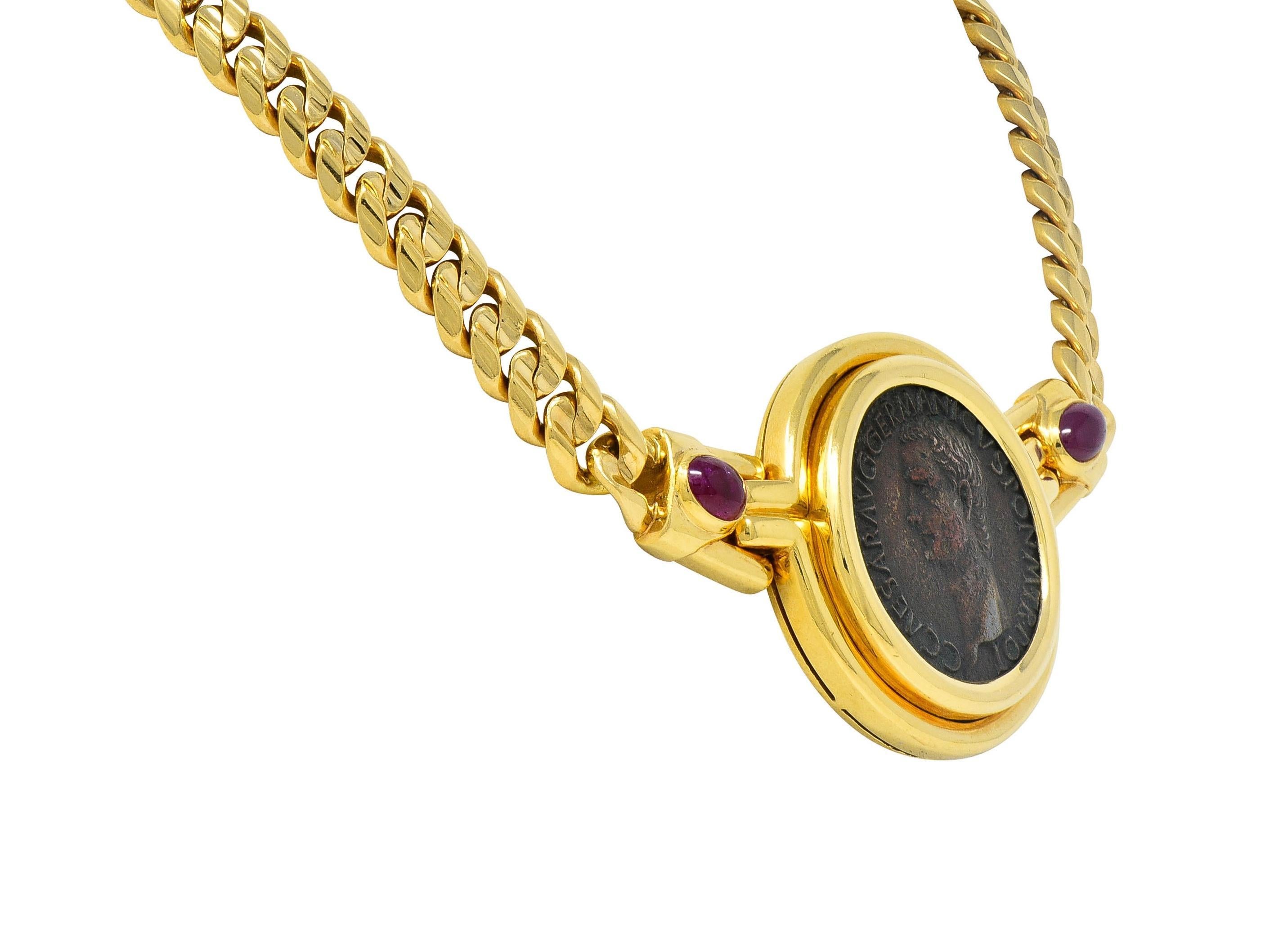 Women's or Men's Bulgari Ruby Ancient Coin 18 Karat Gold Monete Roman Caligula Collar Necklace For Sale