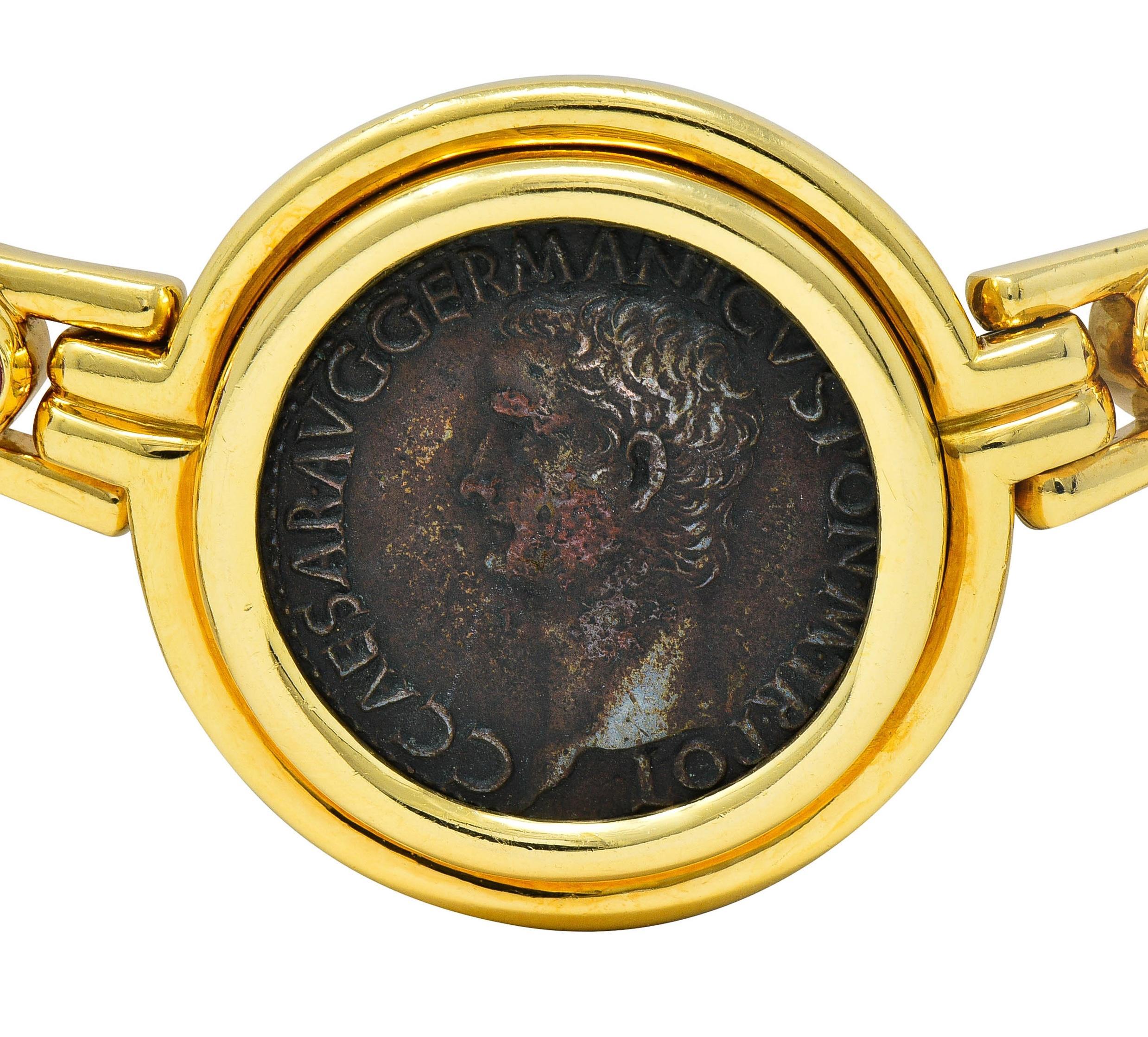 Women's or Men's Bulgari Ruby Ancient Coin 18 Karat Gold Monete Roman Caligula Collar Necklace For Sale