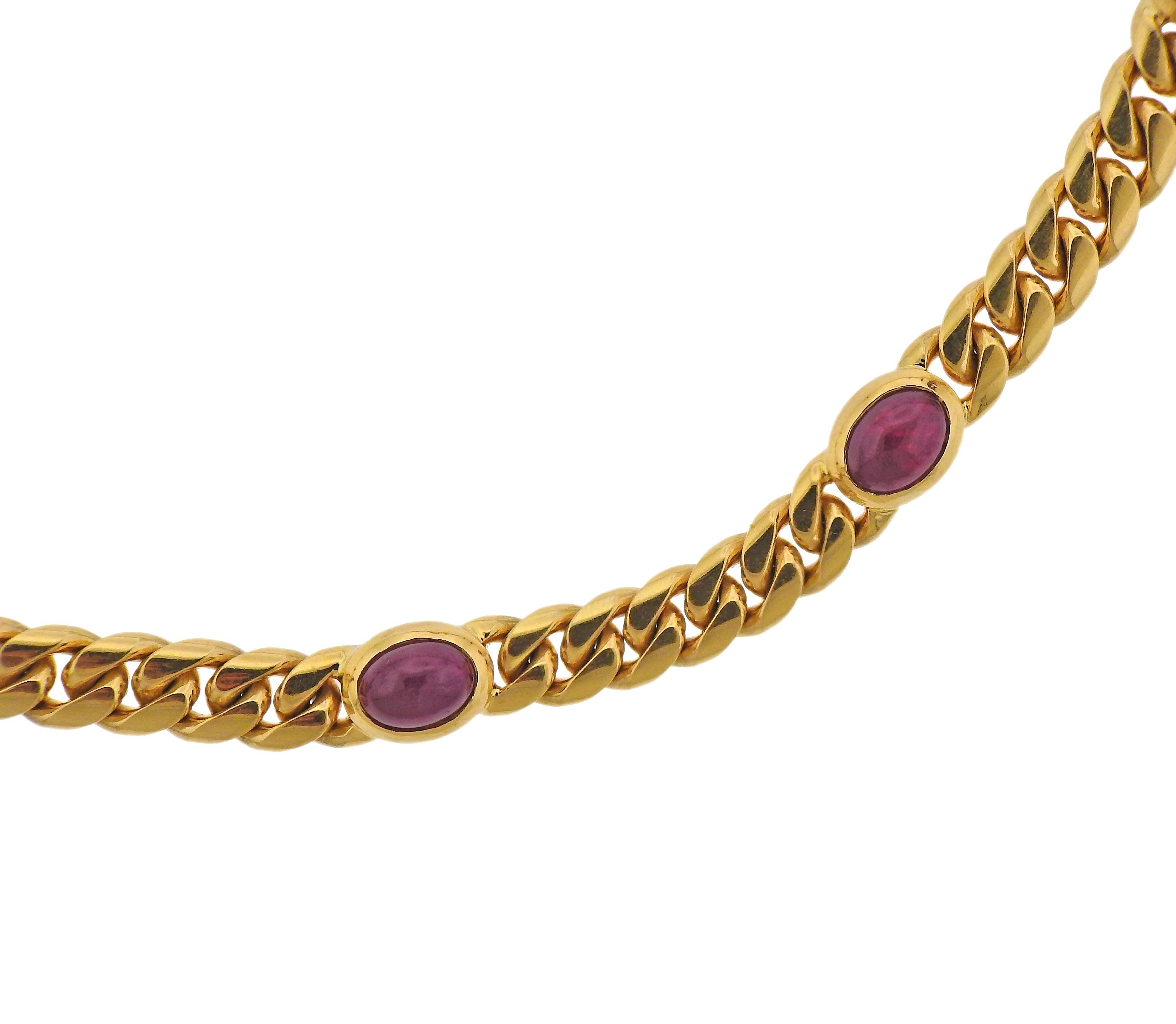 18k yellow gold curb link necklace by Bvlgari, set with ten oval ruby cabochons - 7.8mm x 6mm. Necklace is 17.5
