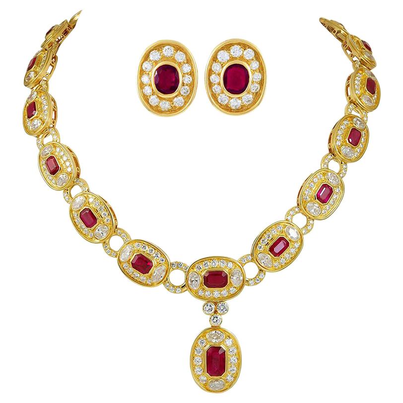 Bulgari Ruby Diamond Gold Necklace and Earring Suite