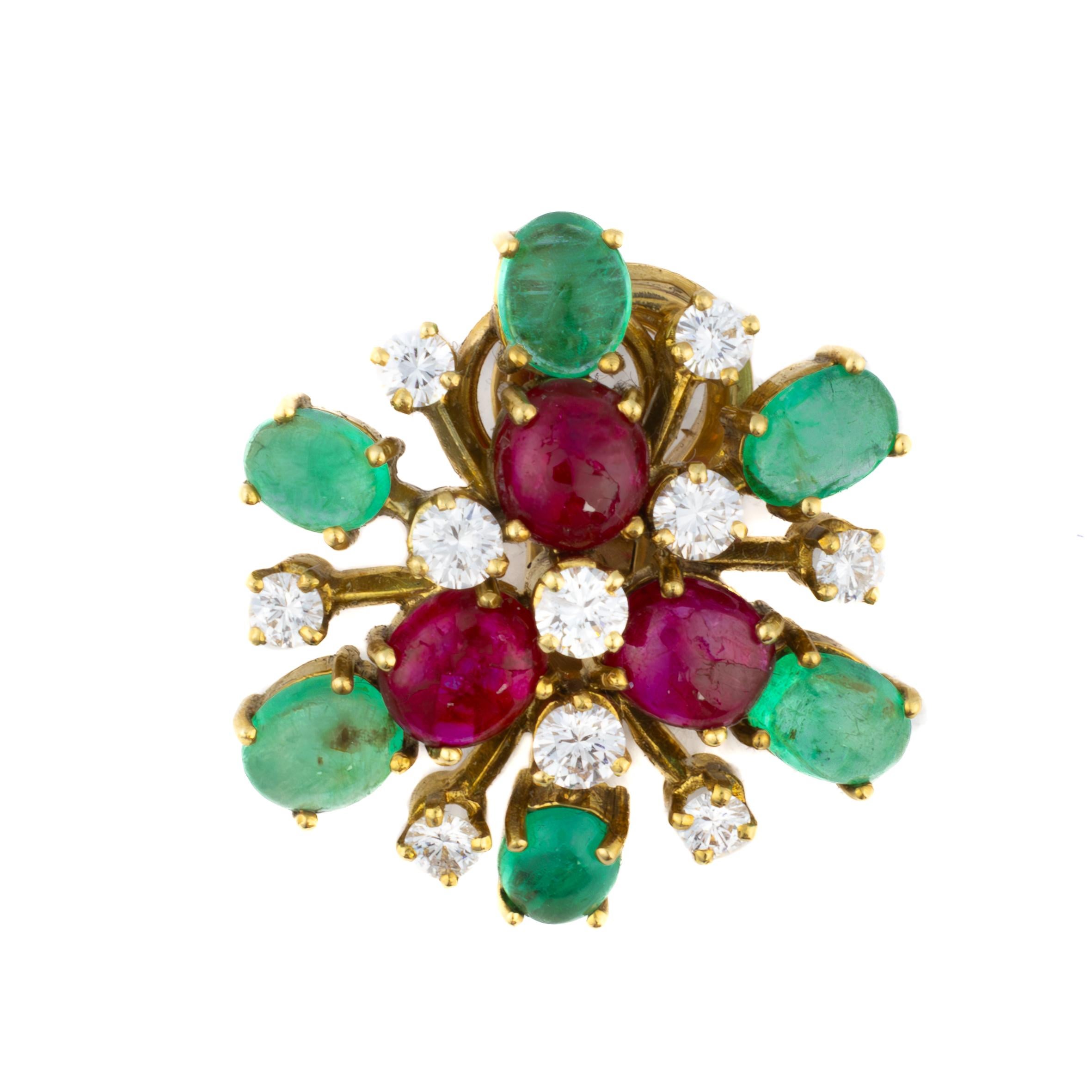 Bulgari Ruby, Emerald and Diamond Flower Earrings

These vintage Bulgari earrings are full of bold color and classic charm. Designed as floral clusters, they feature richly saturated cabochon rubies at the center, surrounded by vivid emeralds and