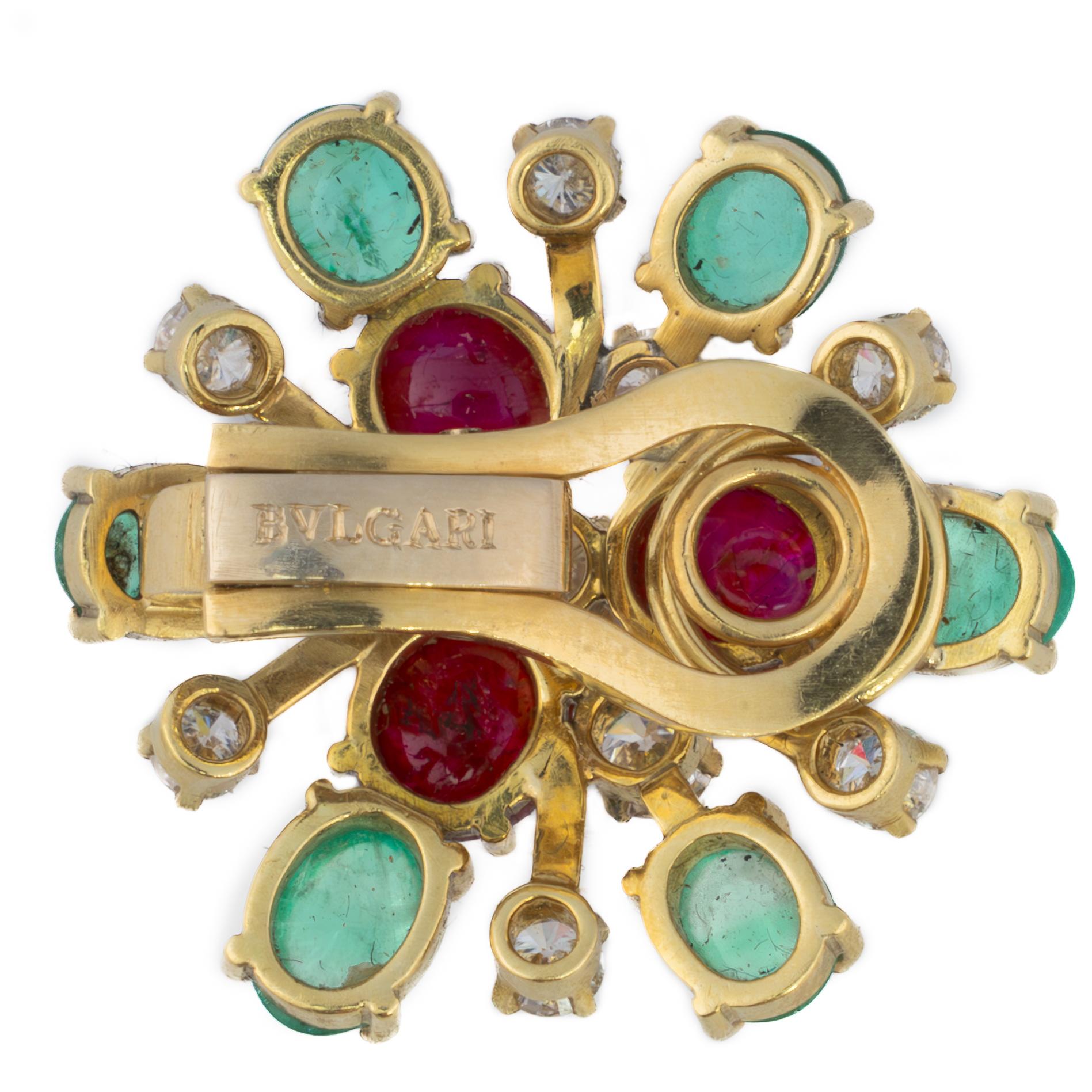 Retro Bulgari Ruby, Emerald and Diamond Flower Earrings For Sale