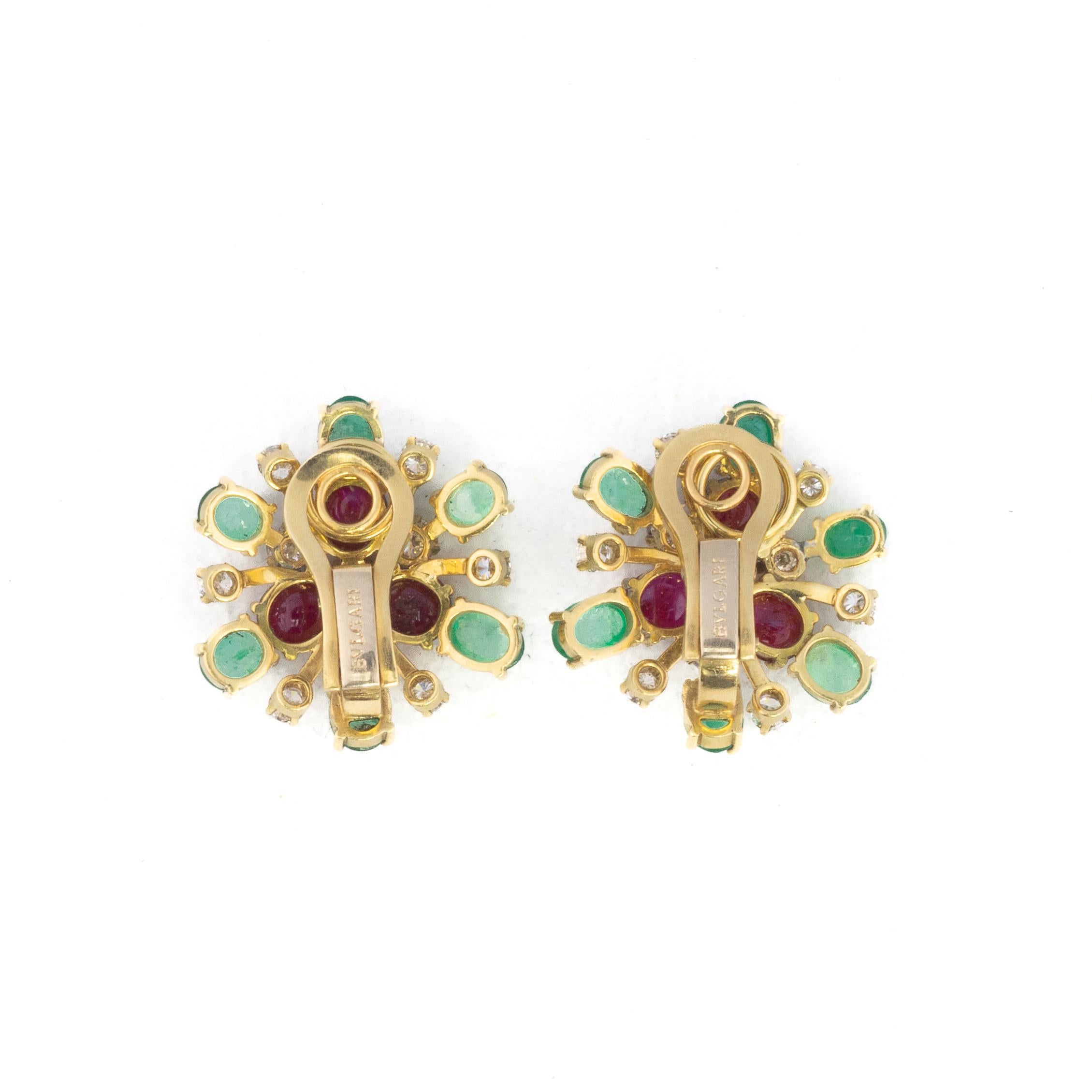 Cabochon Bulgari Ruby, Emerald and Diamond Flower Earrings For Sale