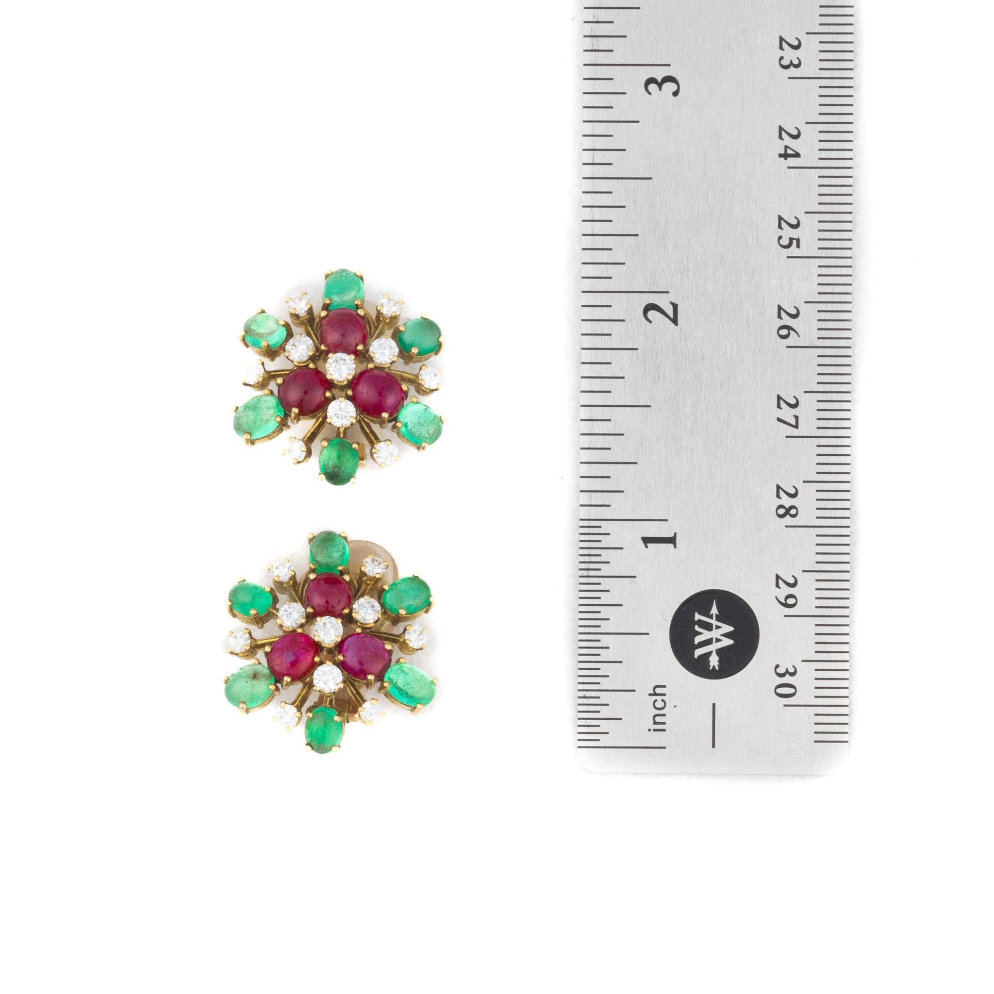 Bulgari Ruby, Emerald and Diamond Flower Earrings In Excellent Condition For Sale In New York, NY