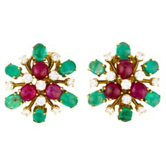 Bulgari Ruby, Emerald and Diamond Flower Earrings