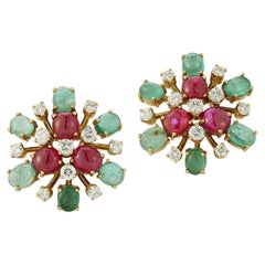 Antique Bulgari Ruby, Emerald and Diamond Flower Earrings