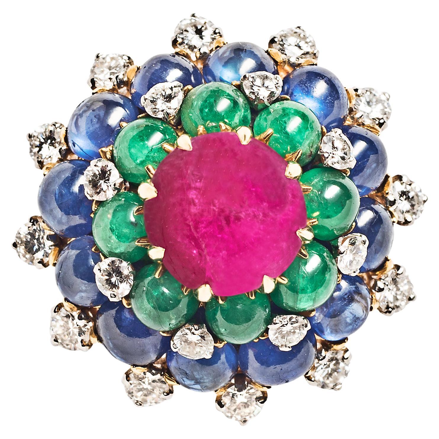 Bulgari Ruby, Sapphire, Emerald and Diamond Ring