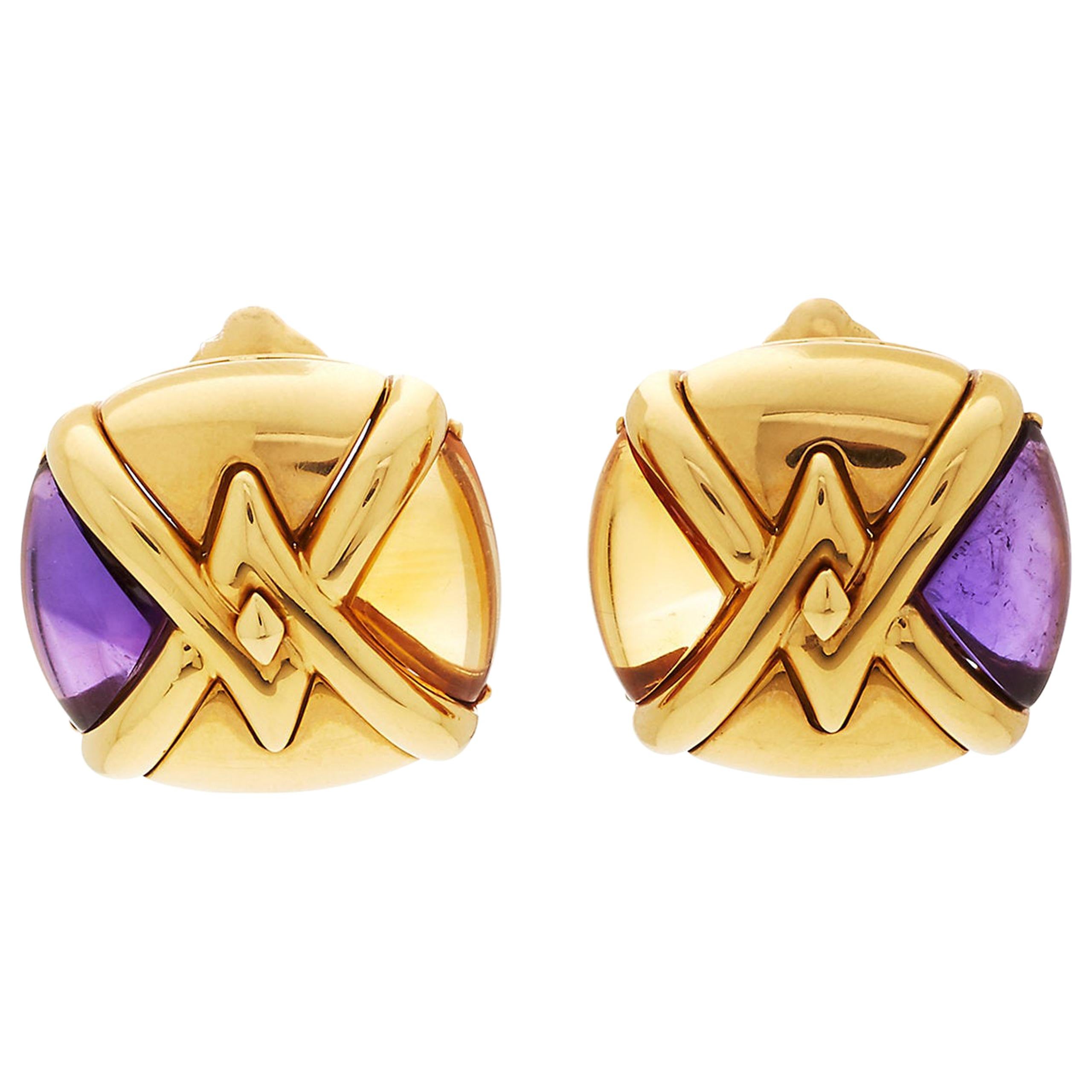 Bulgari Saetta Citrine Amethyst Gold Ear-Clips For Sale