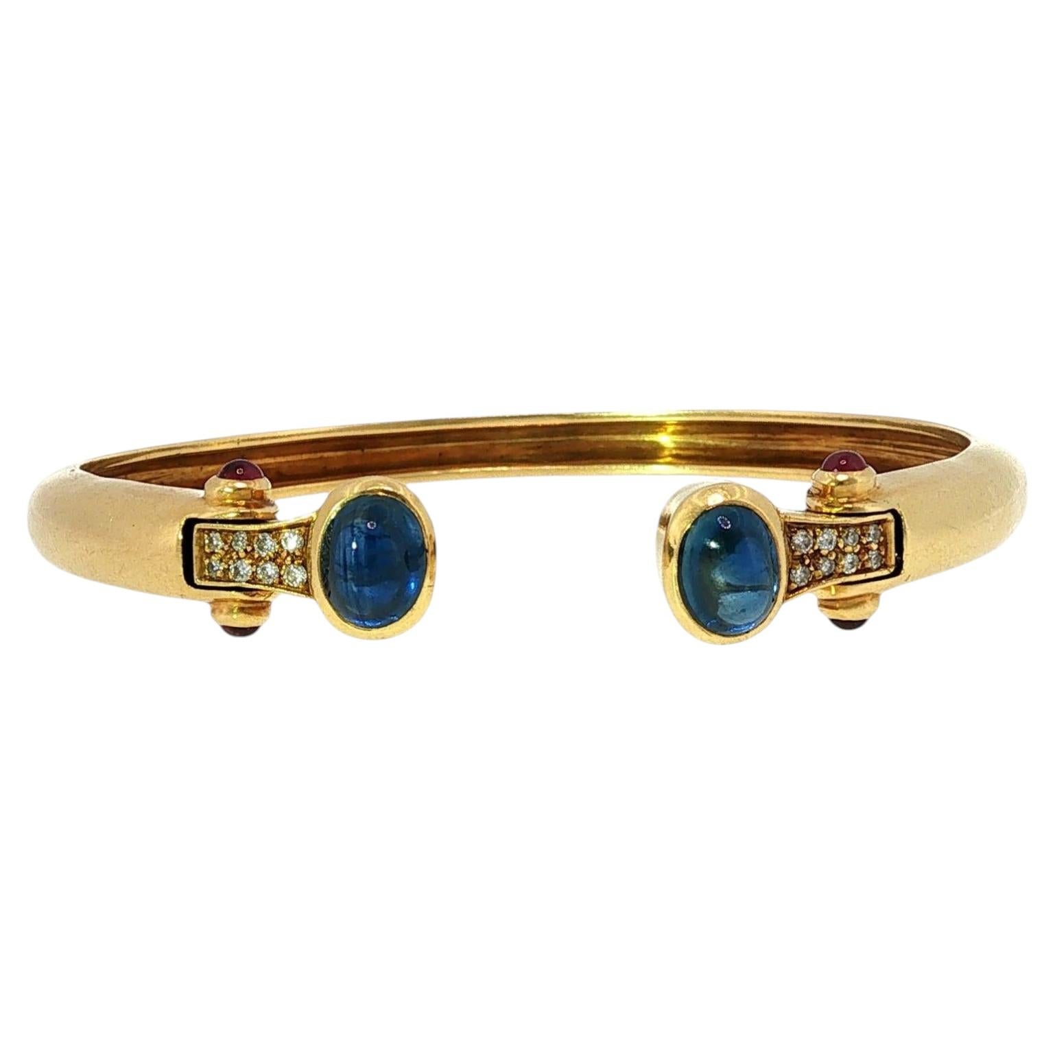 Bulgari Sapphire Diamond Cuff Bracelet 18K Yellow Gold Ruby Accents