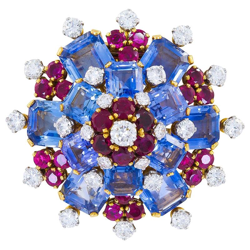 Bulgari Diamond Sapphire Ruby Yellow Gold Platinum Brooch For Sale