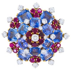 Retro Bulgari Diamond Sapphire Ruby Yellow Gold Platinum Brooch