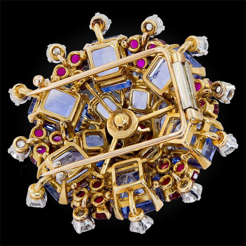 Round Cut Bulgari Diamond Sapphire Ruby Yellow Gold Platinum Brooch For Sale