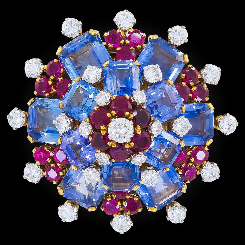 Bulgari Diamond Sapphire Ruby Yellow Gold Platinum Brooch In Good Condition For Sale In New York, NY