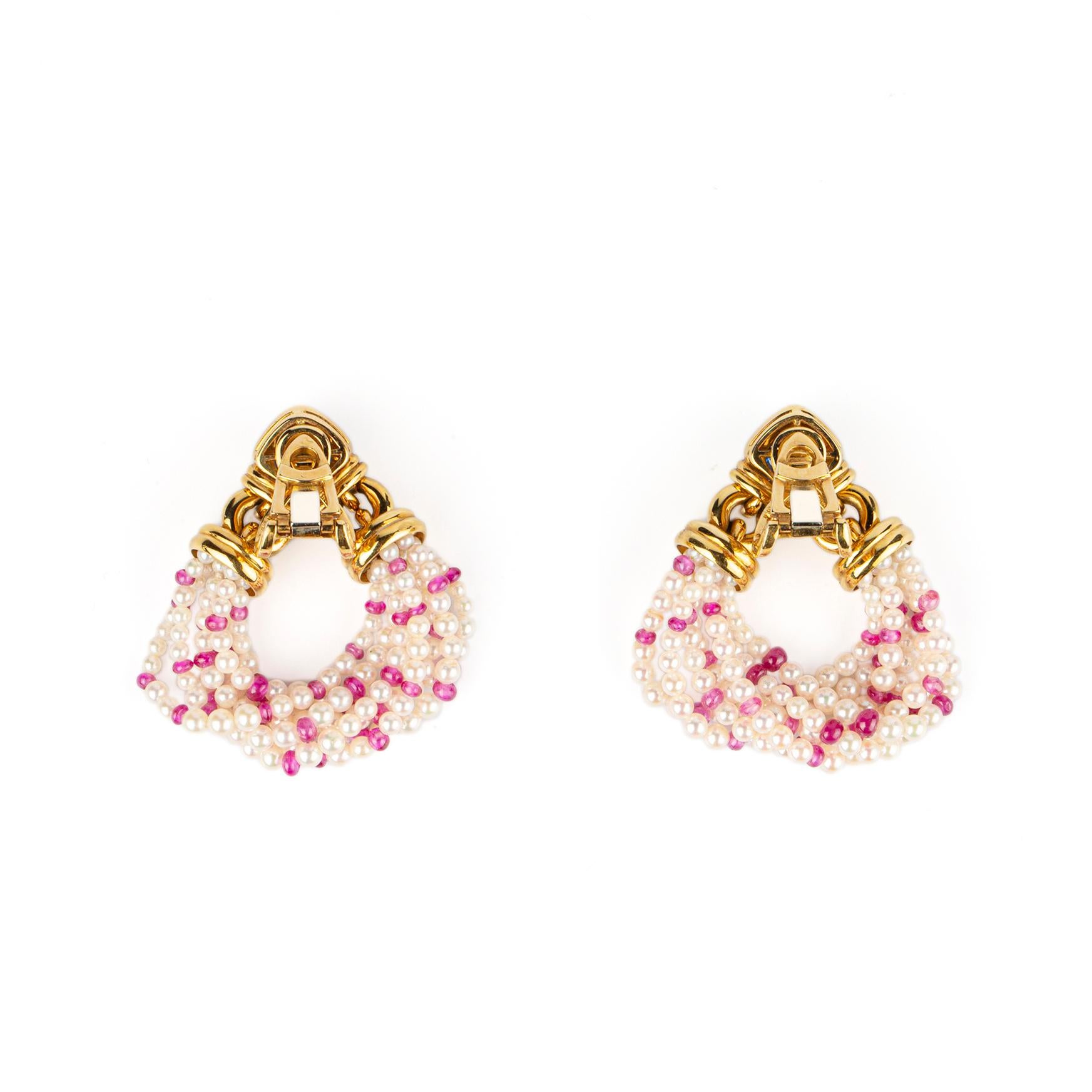 Bulgari 18k Yellow Gold, Pearl, Pink Sapphire, and Sugarloaf Sapphire Ear-Pendants. Made in Italy, circa 1980.