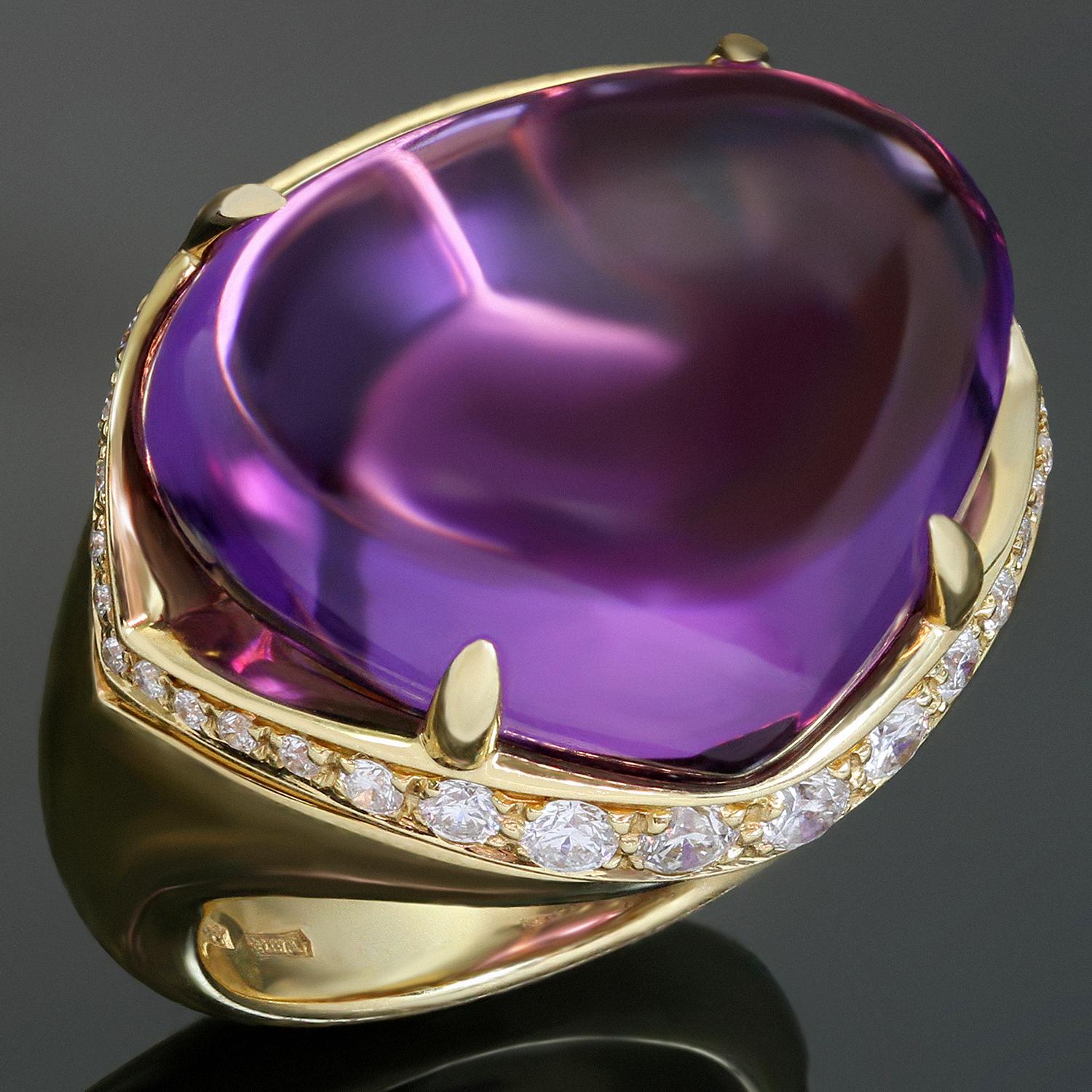 This chic Bulgari ring from the vibrant Sassi collection is crafted in 18k yellow gold and features a pear-shaped 16.50mm x 19.15mm cabochon amethyst, accented with brilliant-cut round E-F VVS2-VS1 diamonds weighing an estiamted 0.66 carats. Marked