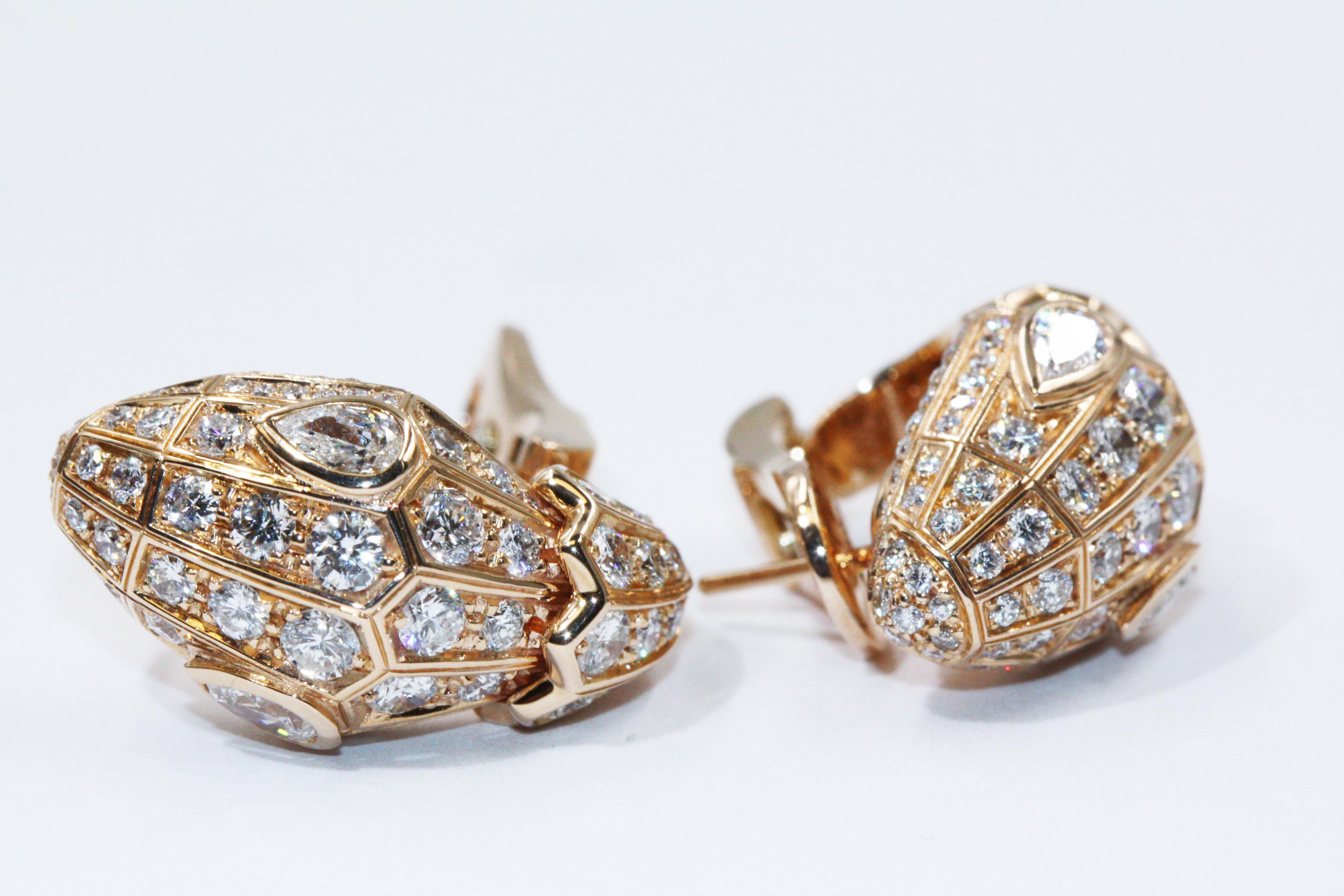 Women's Bulgari Serpenti 18 Karat Rose Gold Pave Diamond Earrings For Sale