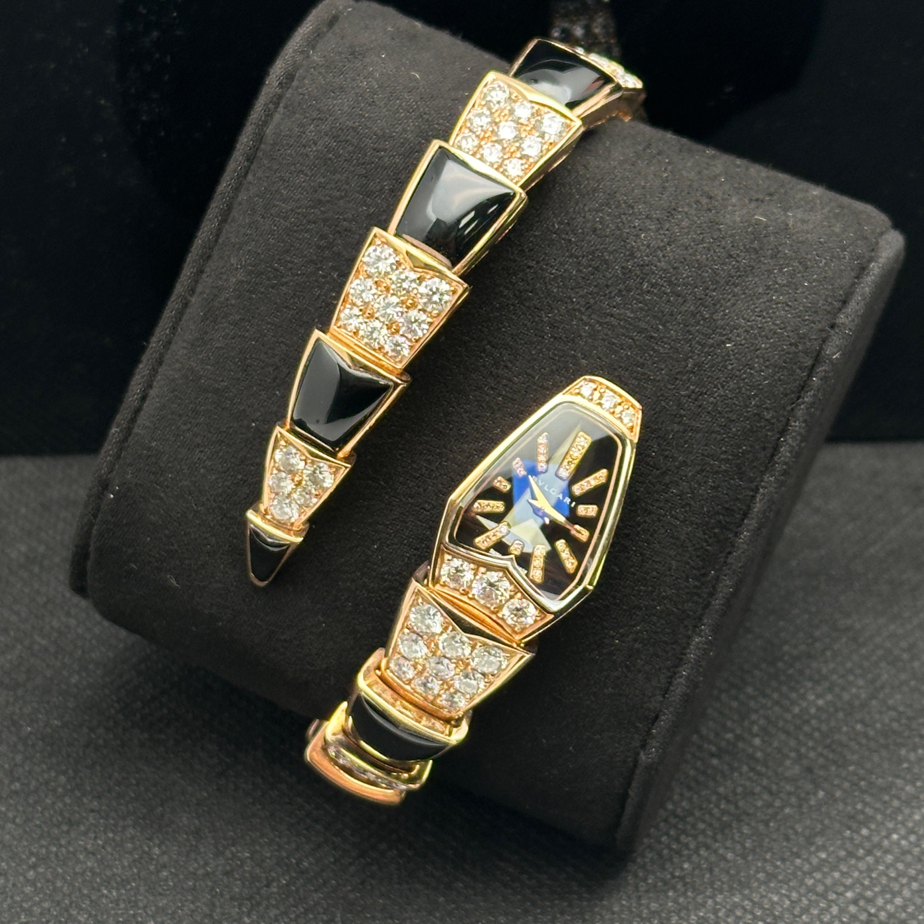 Bulgari Serpenti 18k Rose Gold Black Diamond Dial Ladies Watch SPP26BGD1GD1O.1T In Excellent Condition For Sale In New York, NY