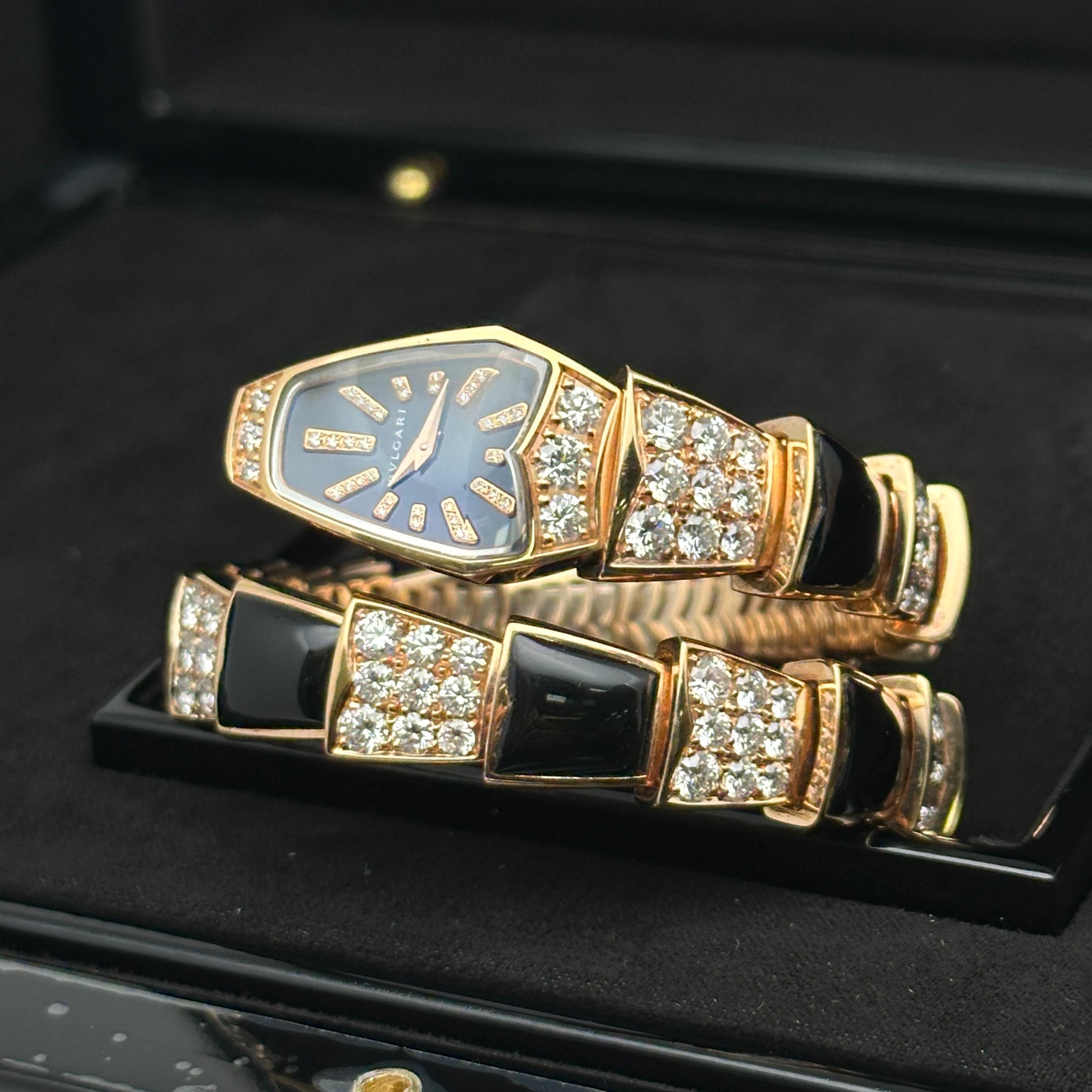 Women's Bulgari Serpenti 18k Rose Gold Black Diamond Dial Ladies Watch SPP26BGD1GD1O.1T For Sale