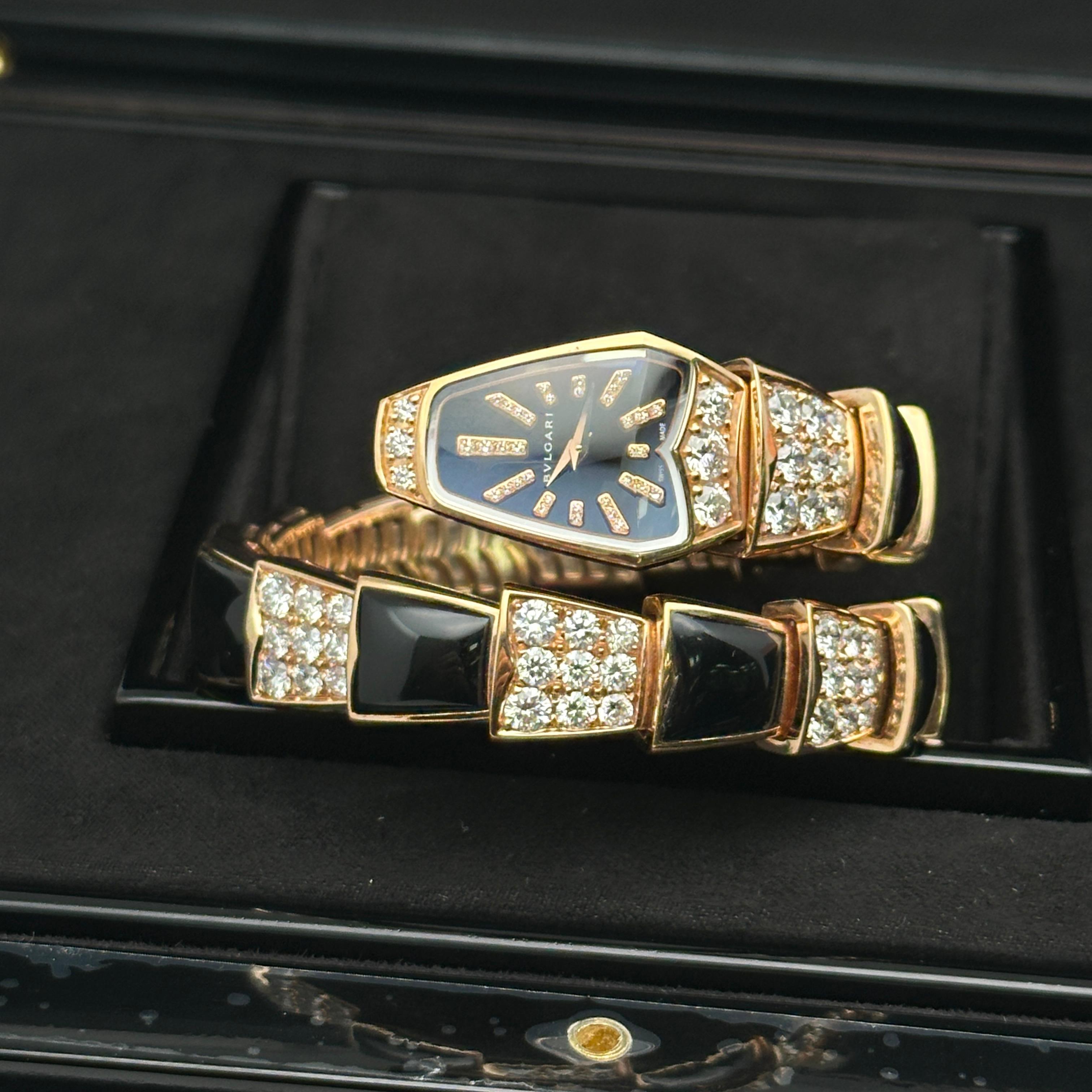 Bulgari Serpenti 18k Rose Gold Black Diamond Dial Ladies Watch SPP26BGD1GD1O.1T For Sale 1