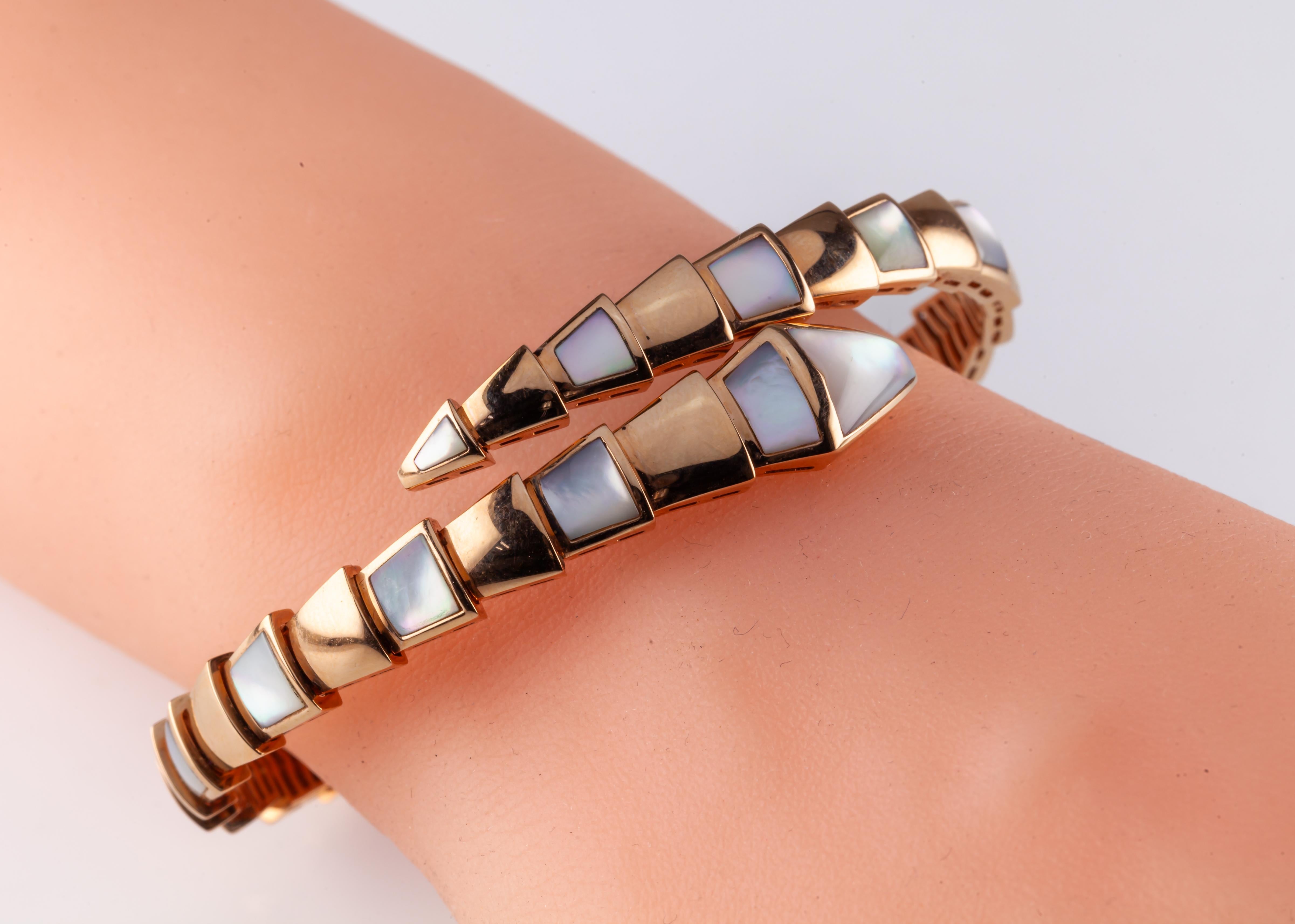 Modern Bulgari Serpenti 18k Rose Gold Coil Bangle with Mother-of-Pearl, Size 7.25 For Sale