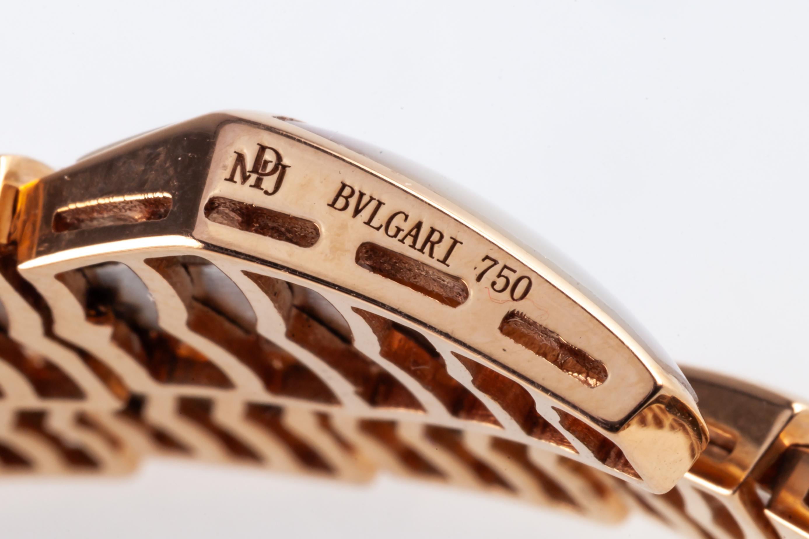 Women's or Men's Bulgari Serpenti 18k Rose Gold Coil Bangle with Mother-of-Pearl, Size 7.25 For Sale