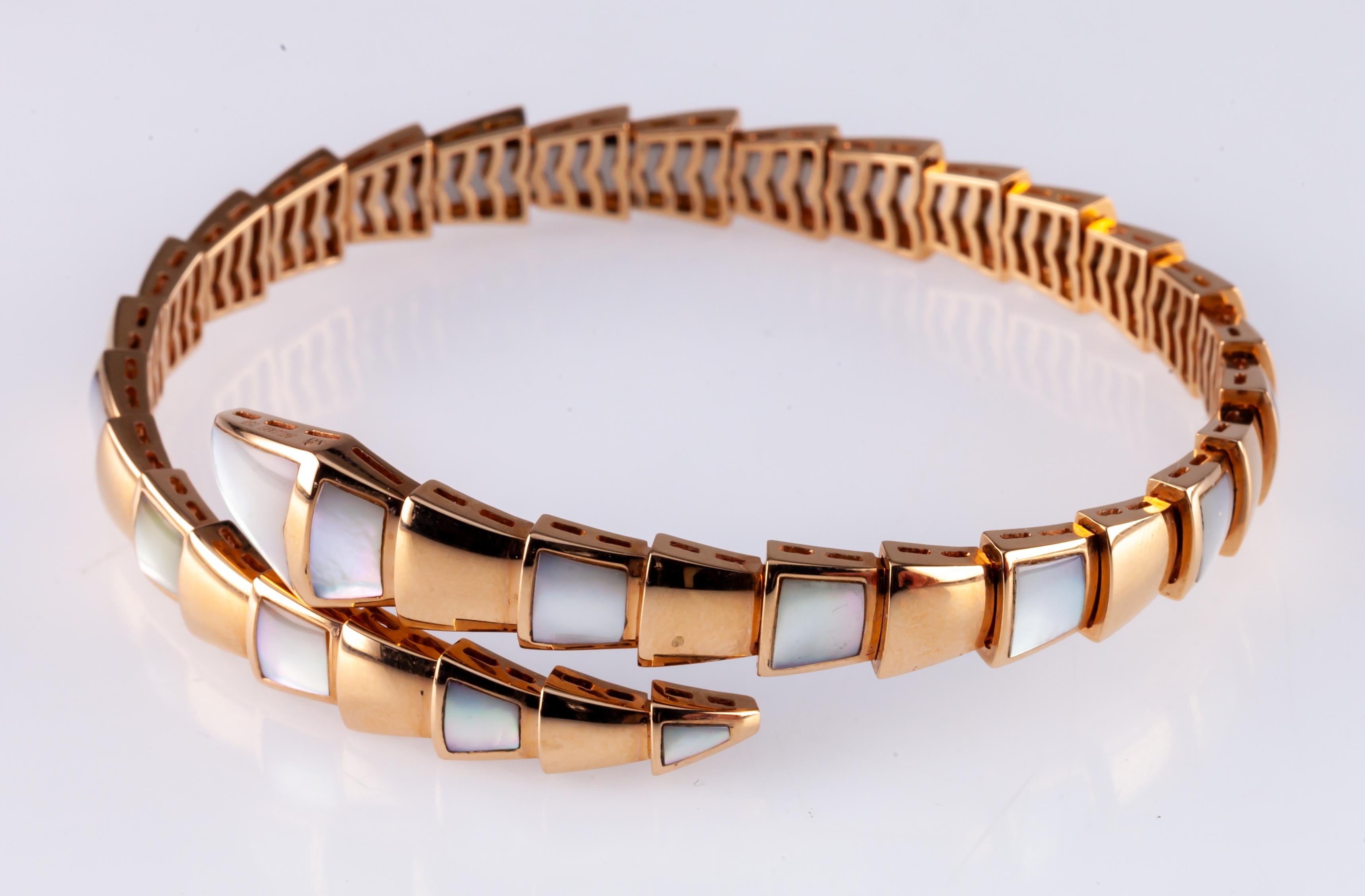 Bulgari Serpenti 18k Rose Gold Coil Bangle with Mother-of-Pearl, Size 7.25 For Sale 2