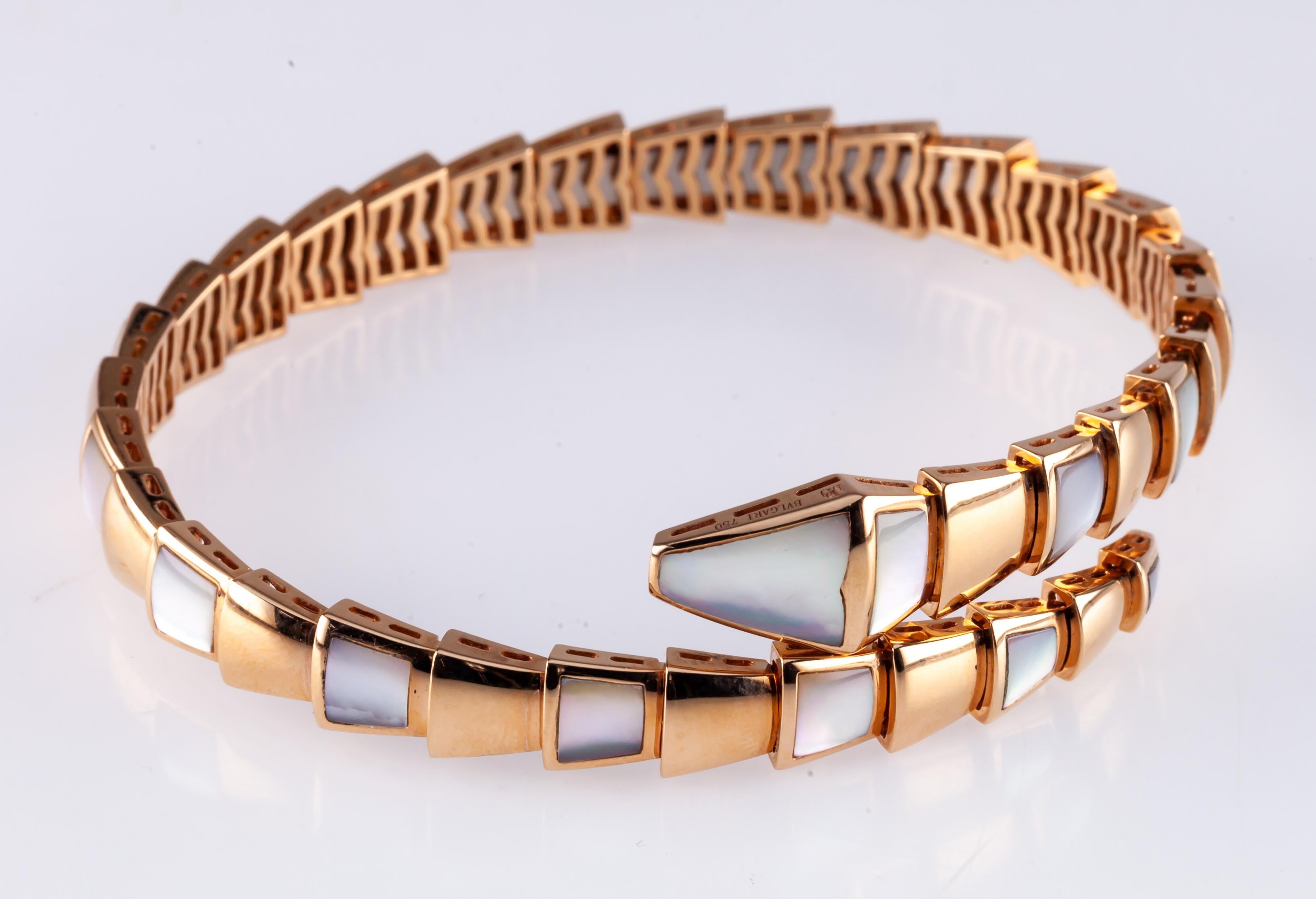 Bulgari Serpenti 18k Rose Gold Coil Bangle with Mother-of-Pearl, Size 7.25 For Sale 3