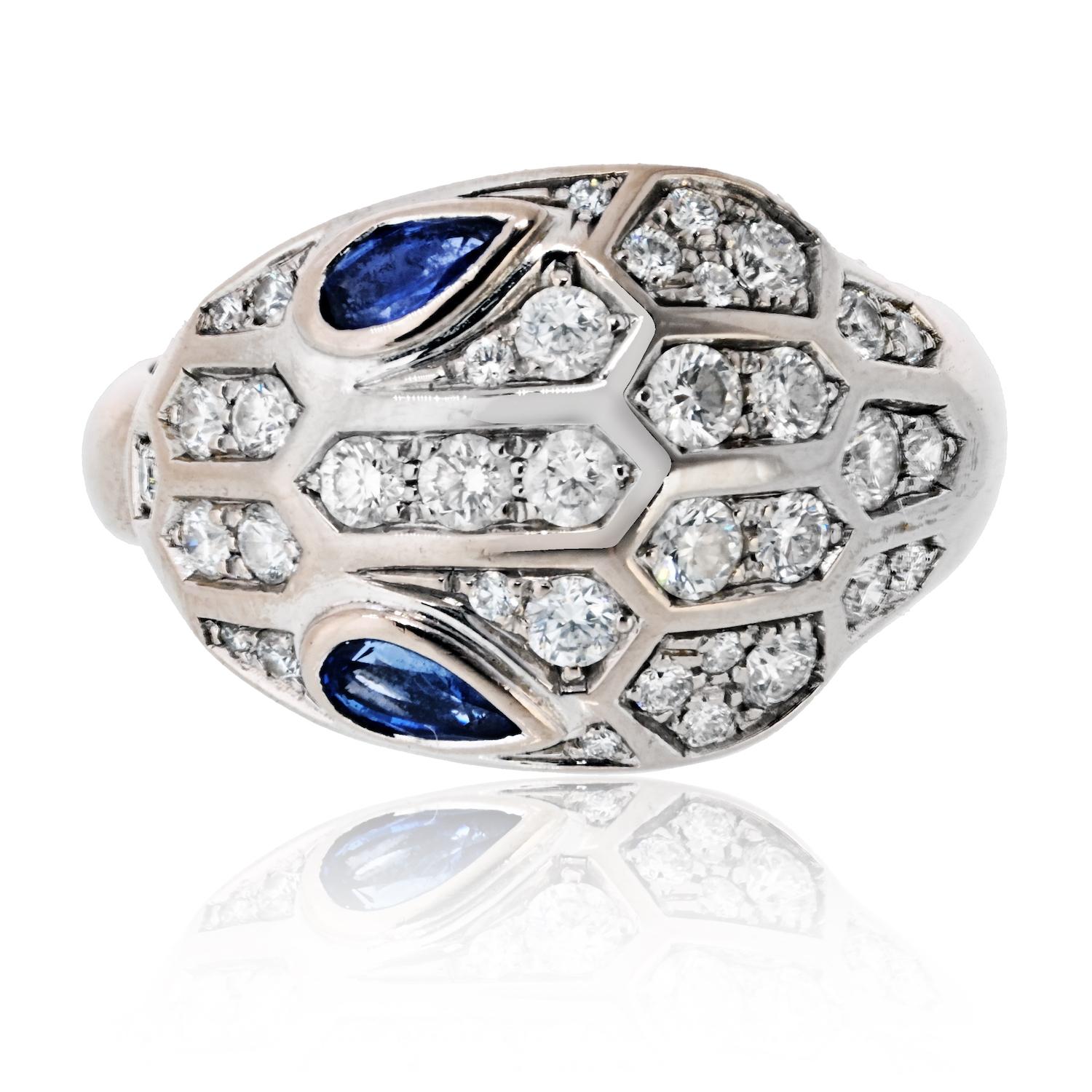 Bulgari "Serpenti" 18K White Gold Diamond And Sapphire Ring