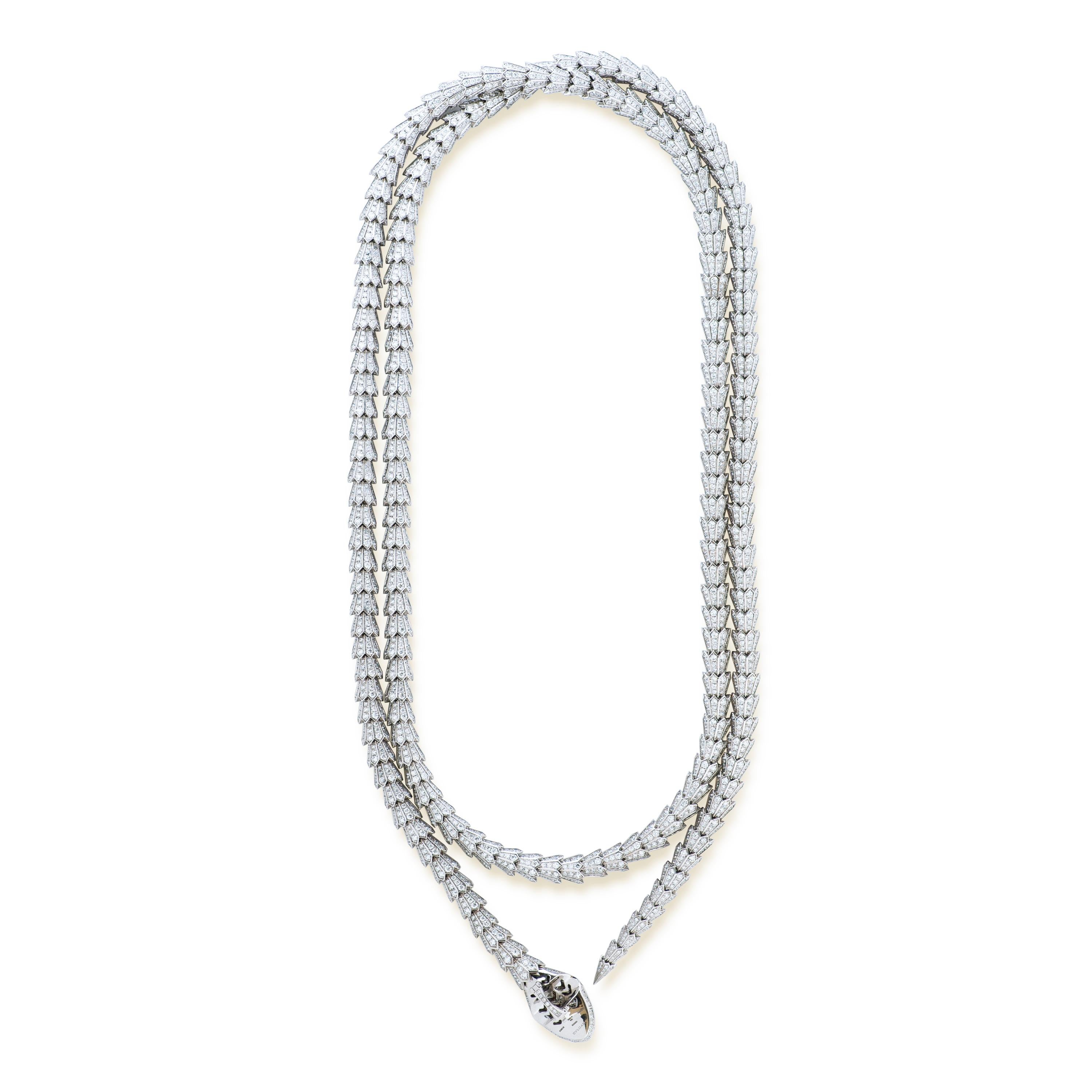 Round Cut Bulgari Serpenti Diamond Snake Necklace in 18k White Gold