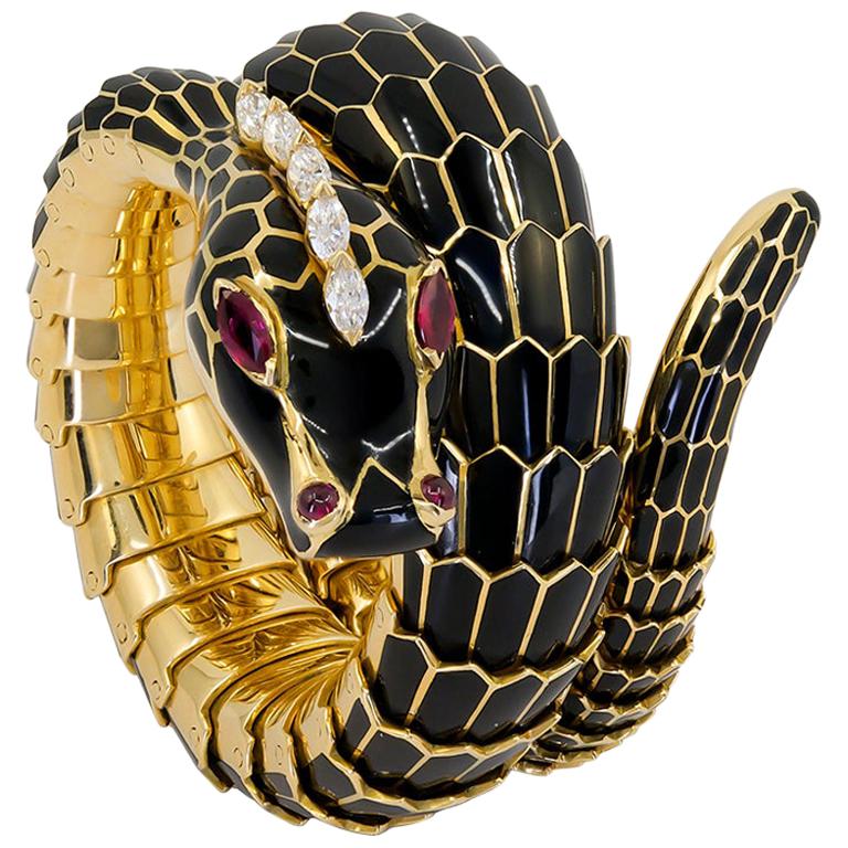 Bulgari Black Enamel Diamond Ruby Yellow Gold Serpenti Bracelet