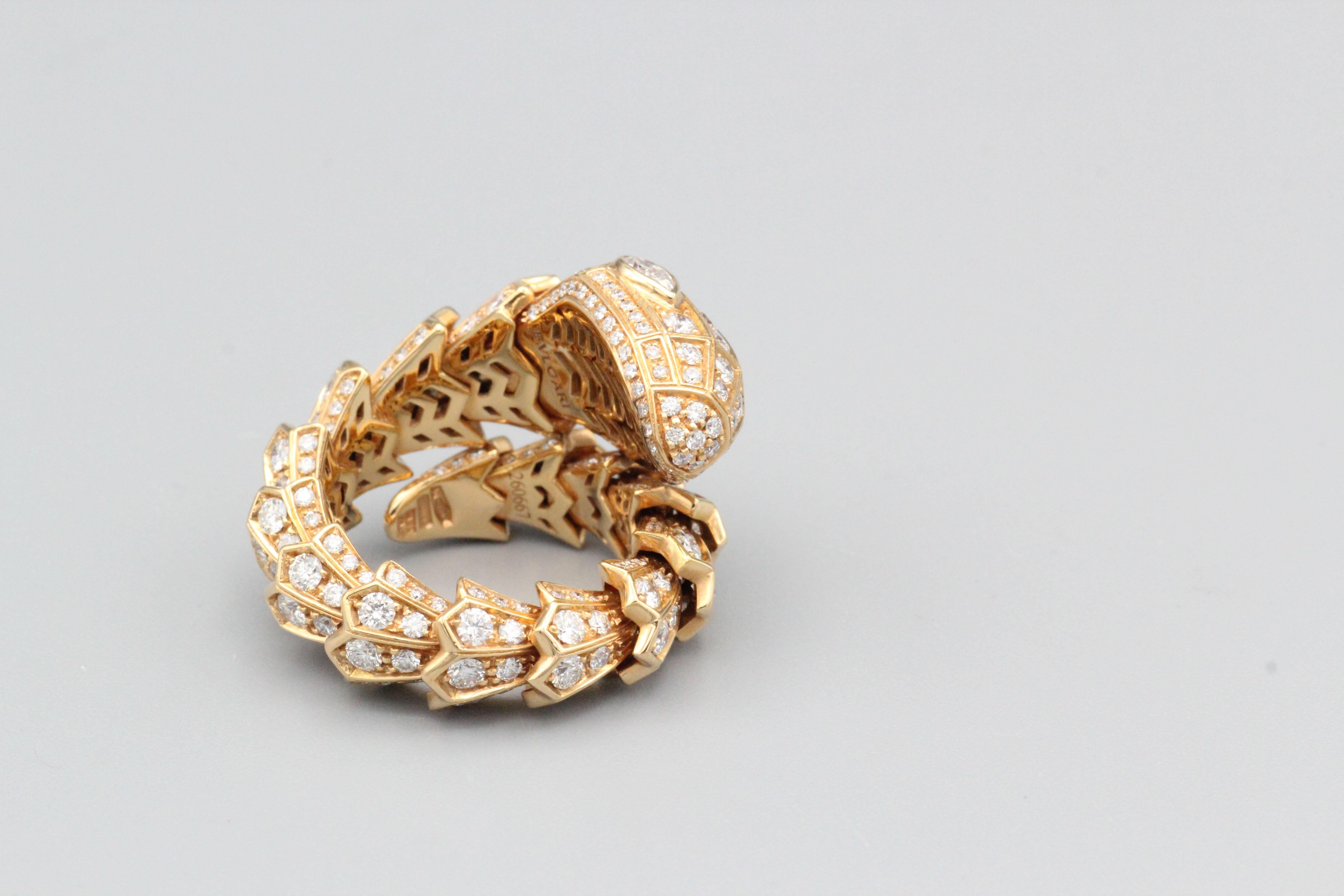 Brilliant Cut Bulgari Serpenti Diamond 18k Rose Gold Snake Ring
