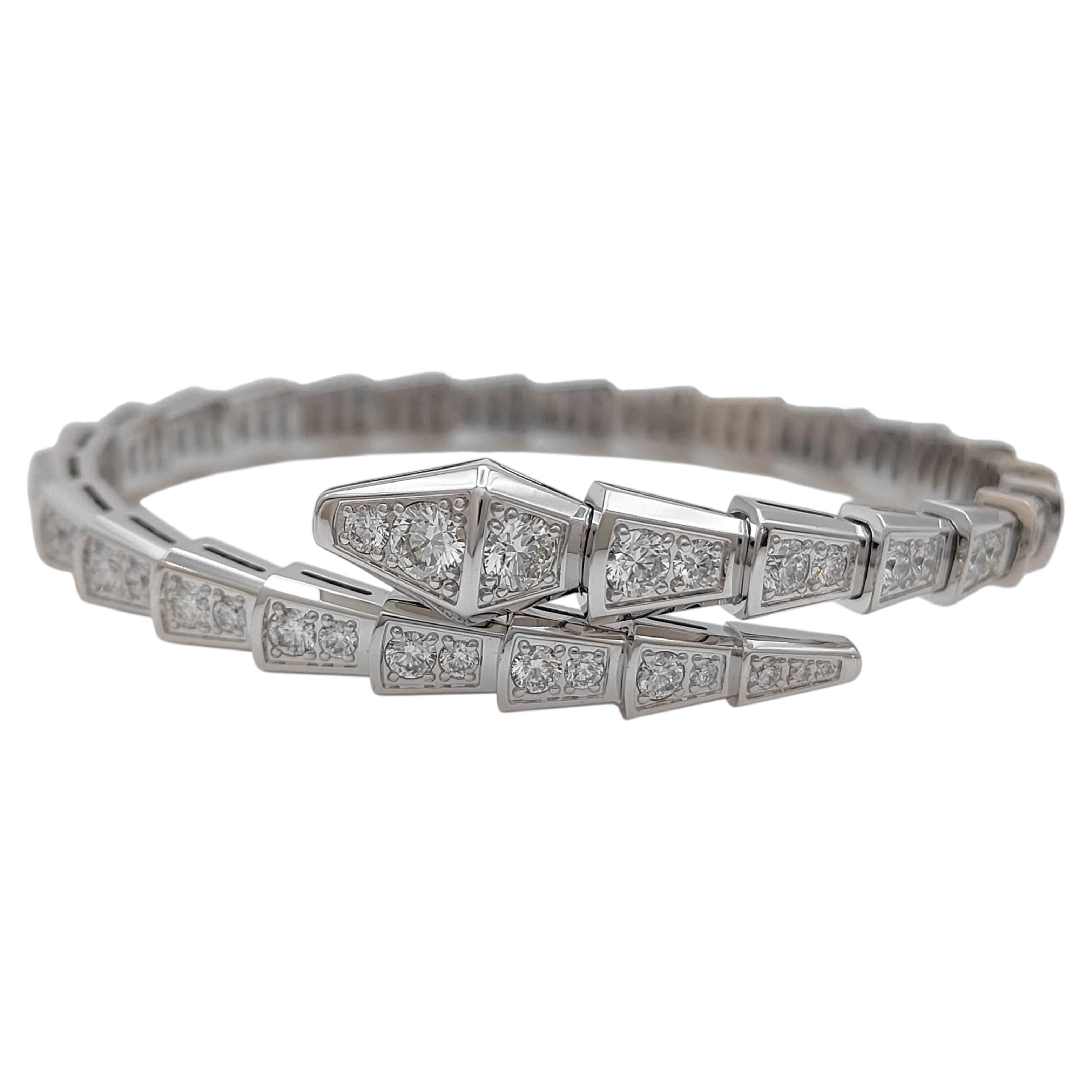 Bulgari Serpenti Diamond 18K White Gold Bangle Bracelet Size 15