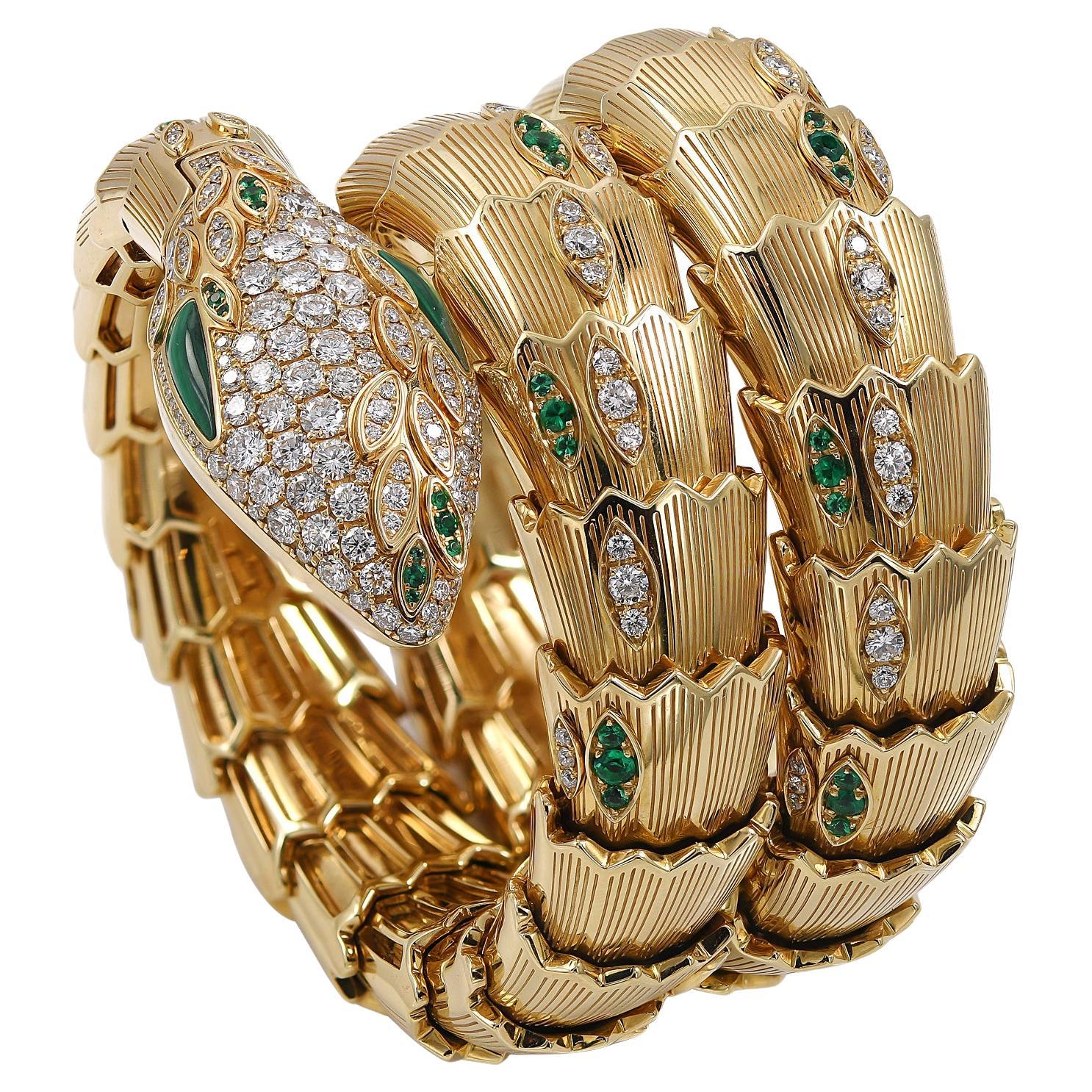 Bulgari Serpenti Diamond Emerald 18k Yellow Gold Bracelet Watch For Sale