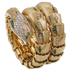Antique Bulgari Serpenti Diamond Emerald 18k Yellow Gold Bracelet Watch