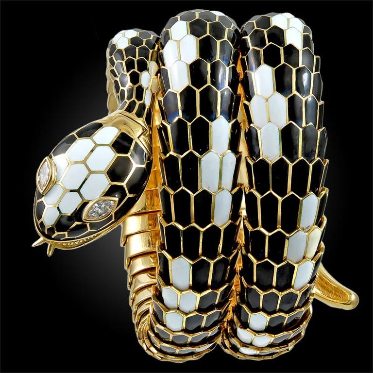 Pear Cut Bulgari Serpenti Diamond Enamel Serpenti-Bracelet Watch