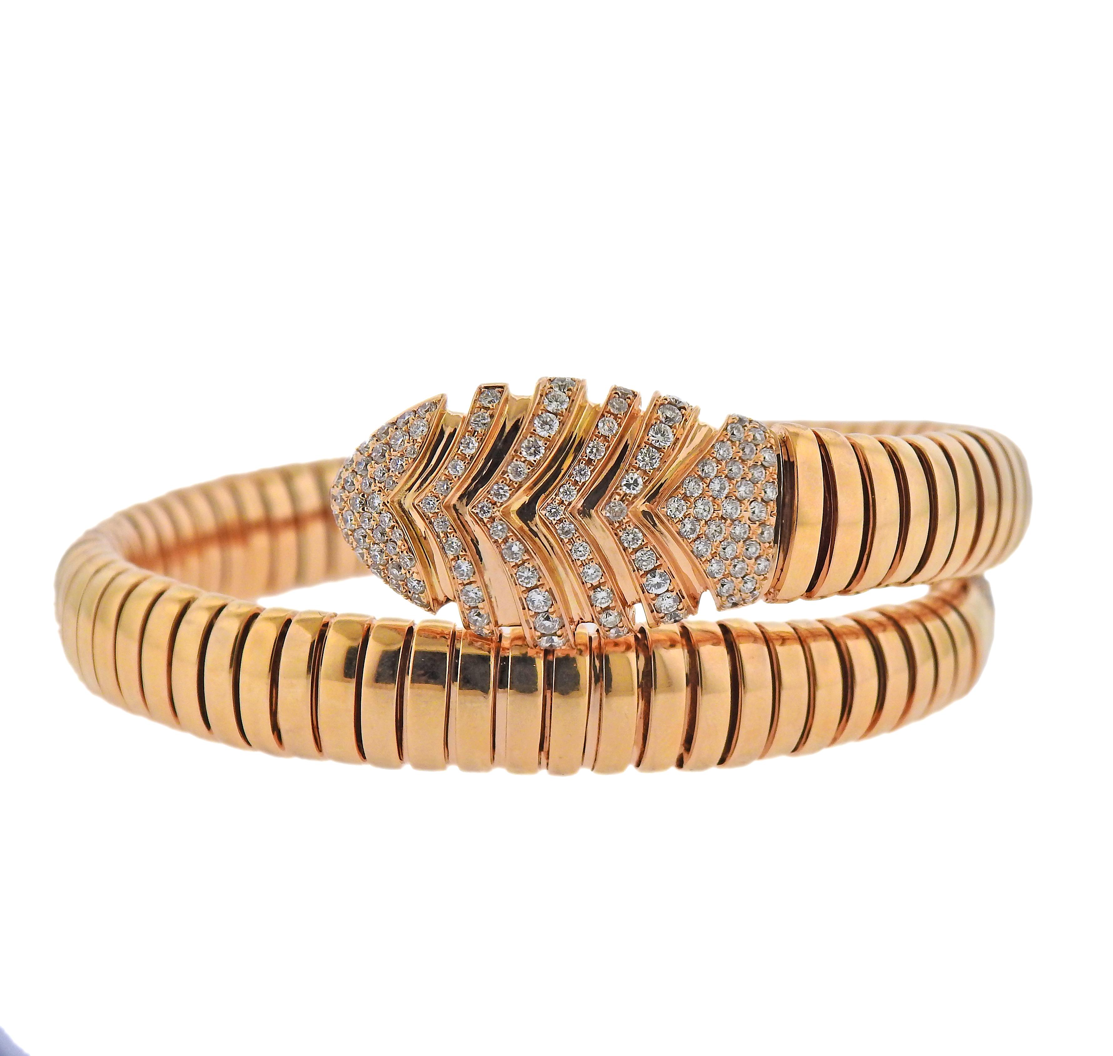 18k rose gold Serpenti bracelet by Bvlgari, set with approx. 3.15ctw in diamonds. Bracelet will fit approx. 7.25