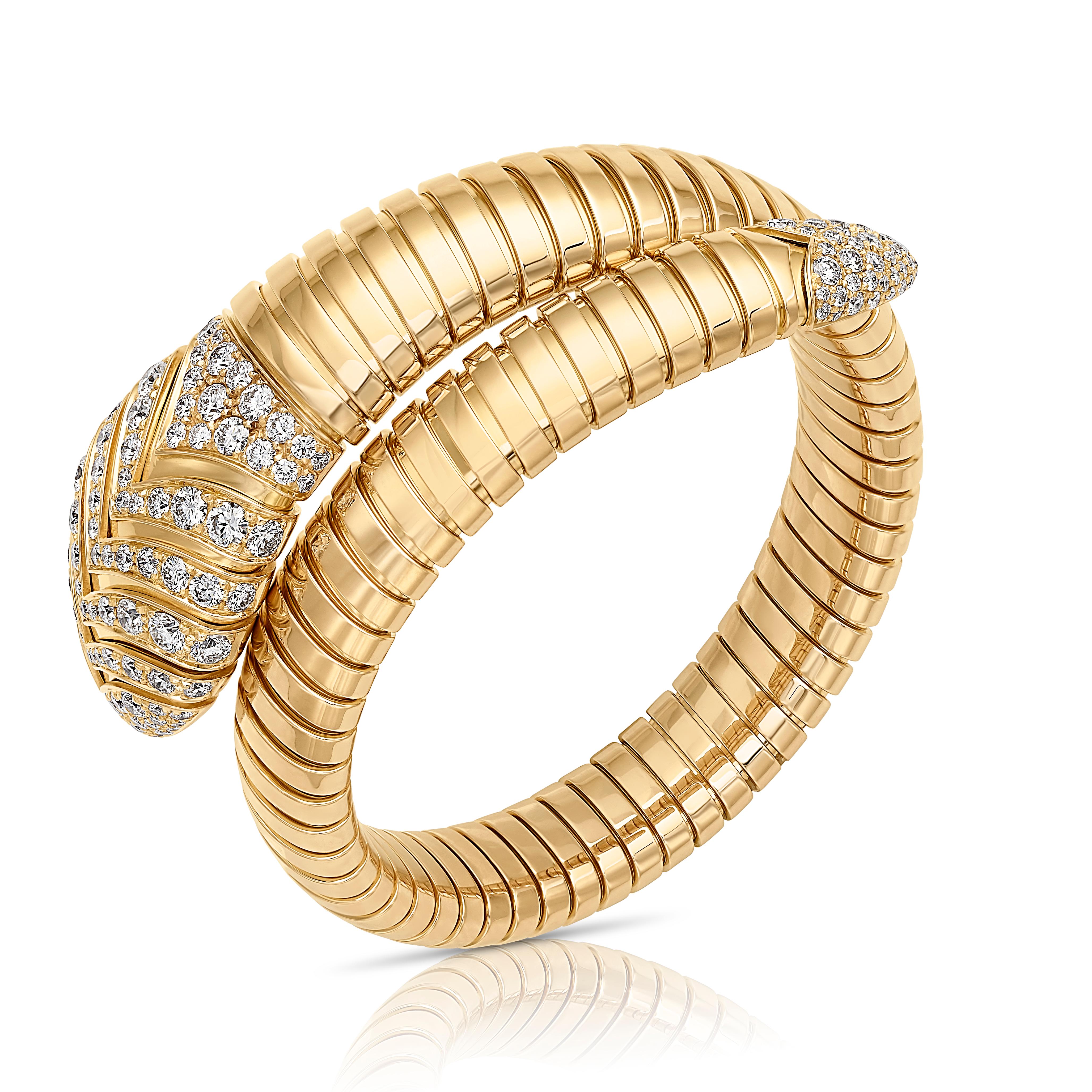 Iconic and dazzling Bulgari Serpenti flexible bracelet features 5 carats of brilliant diamonds set against radiant 18 karat rose gold. This particular version seamlessly unites Serpenti with Tubogas, which is another famed Bulgari design. The result