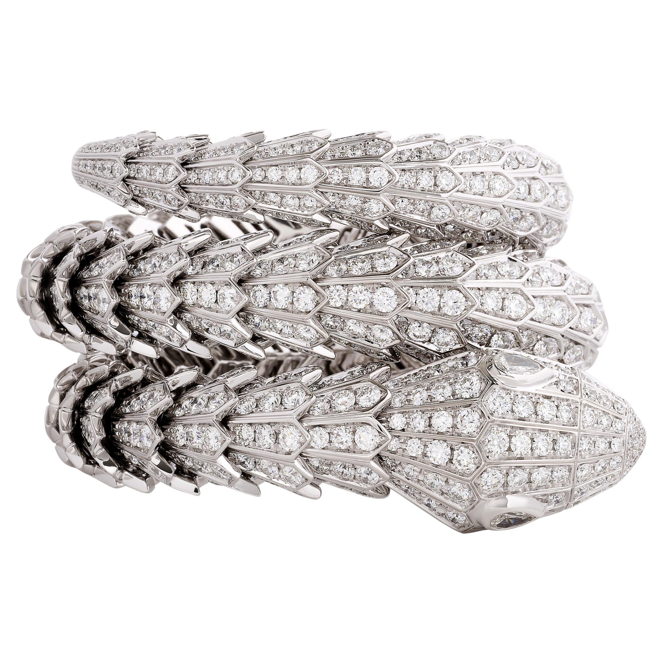 Bulgari Serpenti Diamond Snake Bracelet in 18k White Gold For Sale